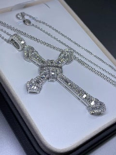 Round Baguette diamond cross twist large pendant necklace 18ct white gold