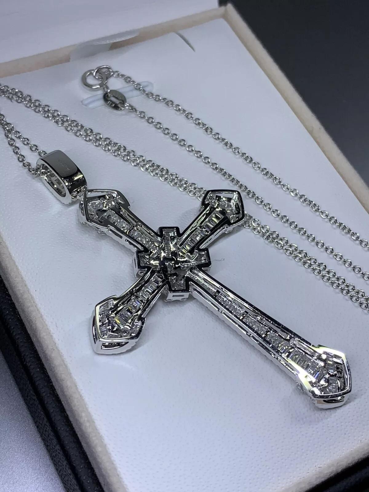 Round Cut Round Baguette diamond cross twist large pendant necklace 18ct white gold For Sale