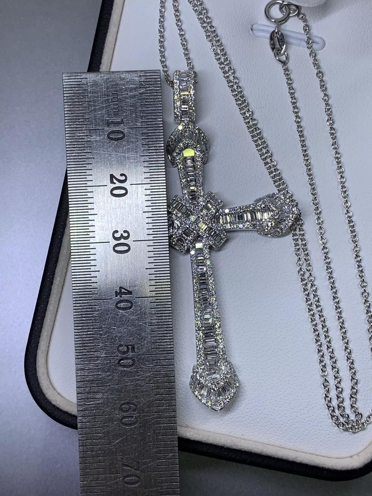Women's or Men's Round Baguette diamond cross twist large pendant necklace 18ct white gold For Sale