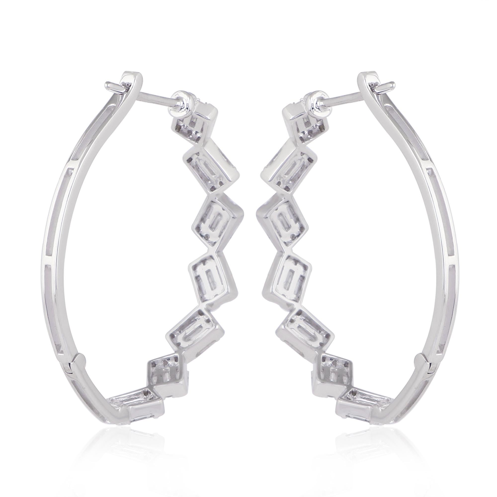 Modern Round Baguette Diamond Hoop Earrings 18 Karat White Gold Handmade Fine Jewelry For Sale