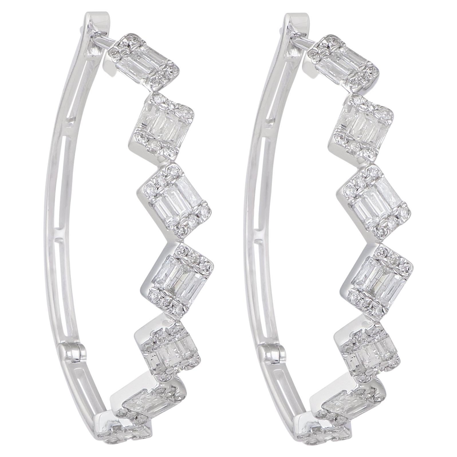 Round Baguette Diamond Hoop Earrings 18 Karat White Gold Handmade Fine Jewelry