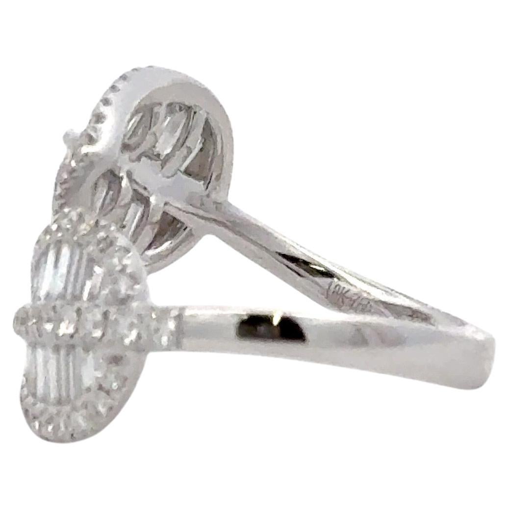 Contemporary Round Baguette Diamond Leaf Bypass Ring 1.34 Carats 18 Karat White Gold For Sale