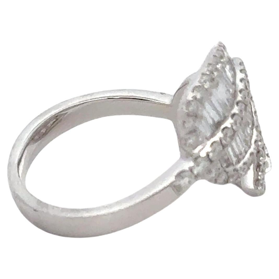 Round Cut Round Baguette Diamond Leaf Bypass Ring 1.34 Carats 18 Karat White Gold For Sale