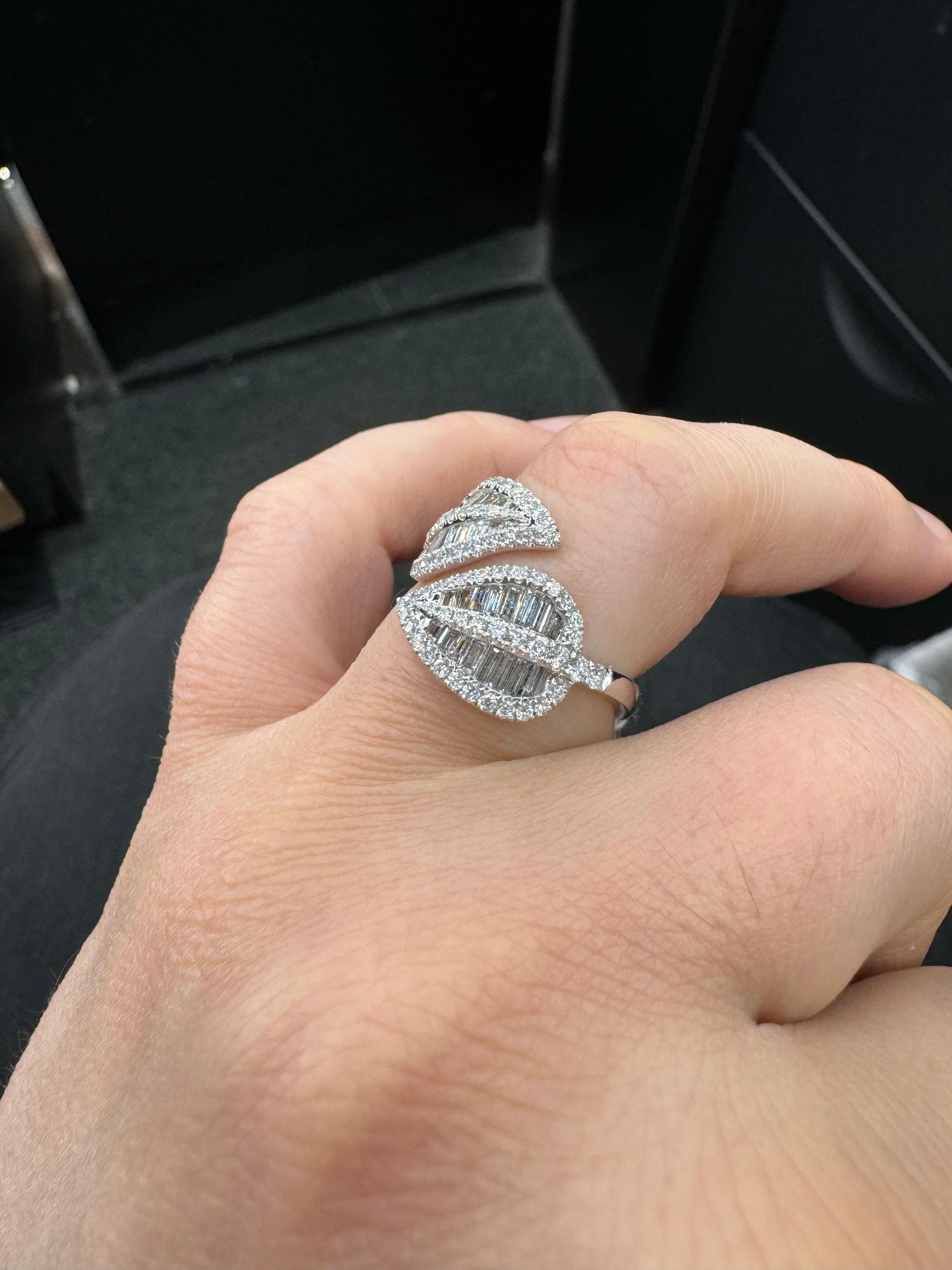 Women's Round Baguette Diamond Leaf Bypass Ring 1.34 Carats 18 Karat White Gold For Sale