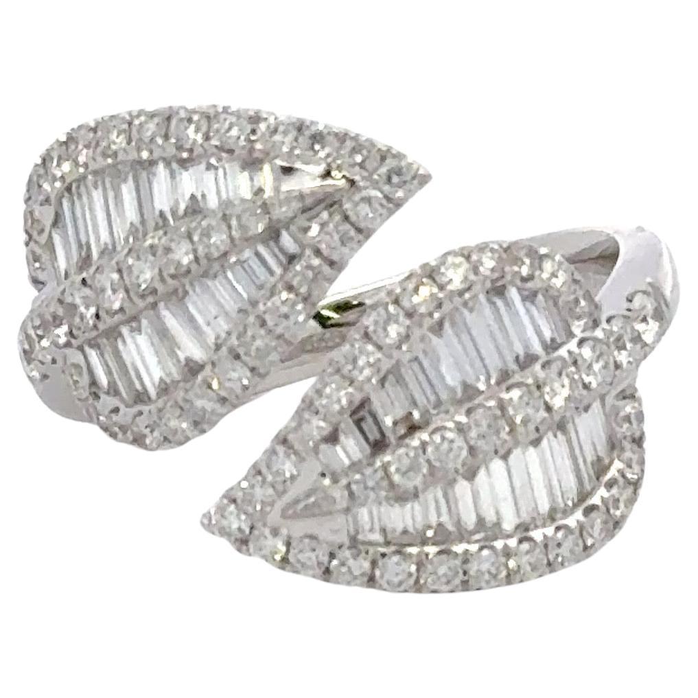 Round Baguette Diamond Leaf Bypass Ring 1.34 Carats 18 Karat White Gold For Sale