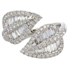 Round Baguette Diamond Leaf Bypass Ring 1.34 Carats 18 Karat White Gold