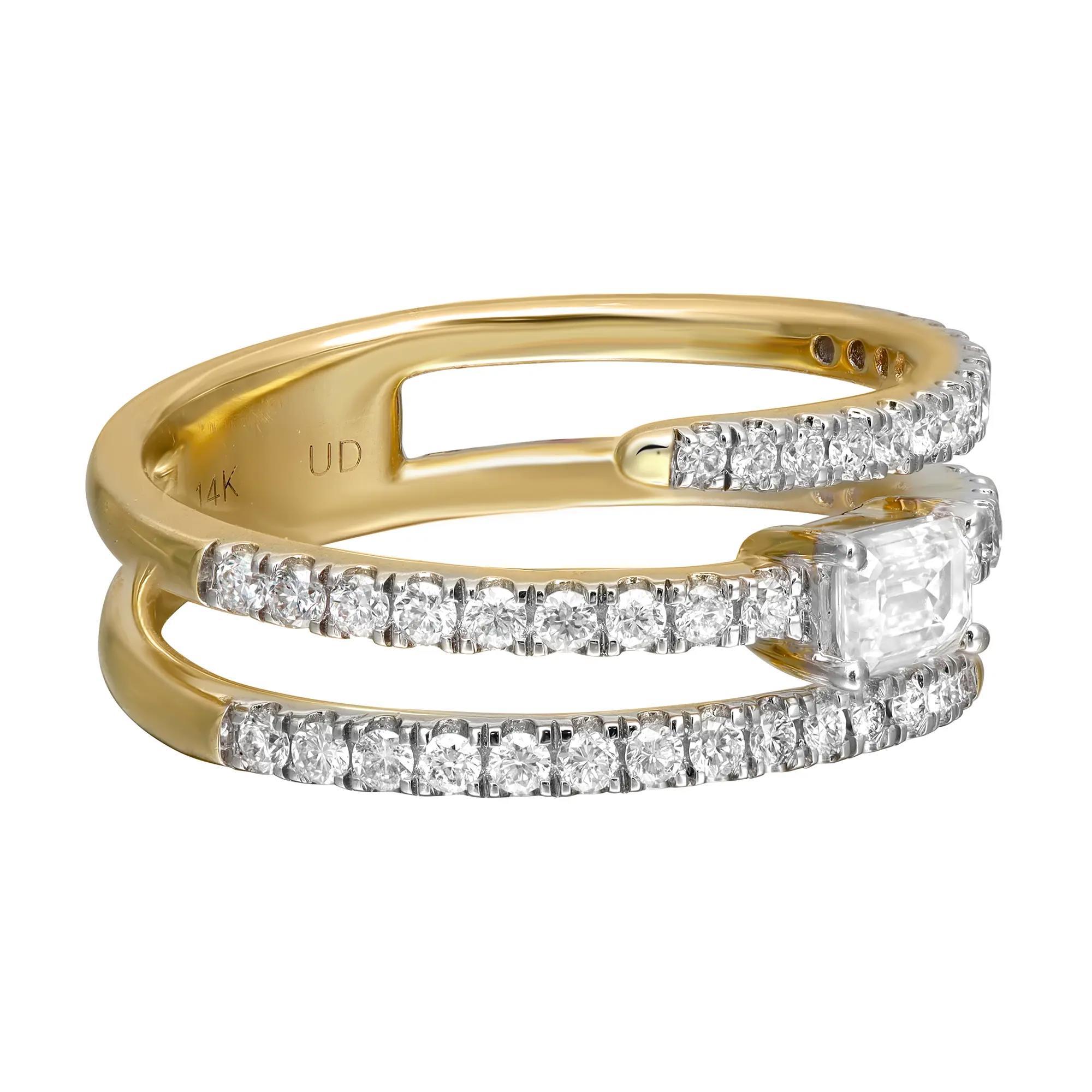 This gorgeous spiral diamond ring is all about sparkle and glamour. Crafted in high polished 18k yellow gold. This style features three half rows of pave set round cut diamonds with a center baguette cut diamond in a prong setting. Total diamond