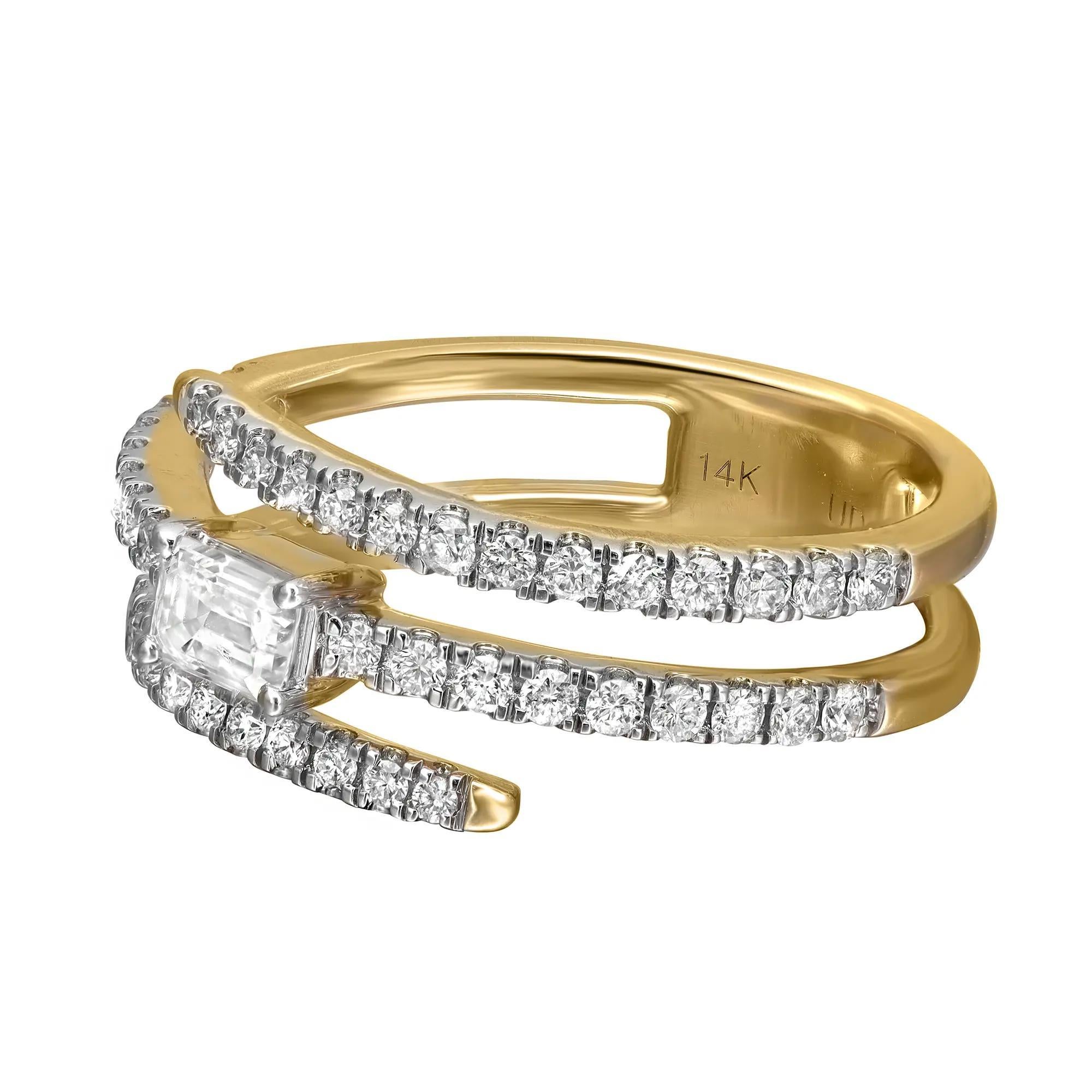 Baguette Cut Round & Baguette Diamond Ring 14K Yellow Gold 1.00Cttw  For Sale