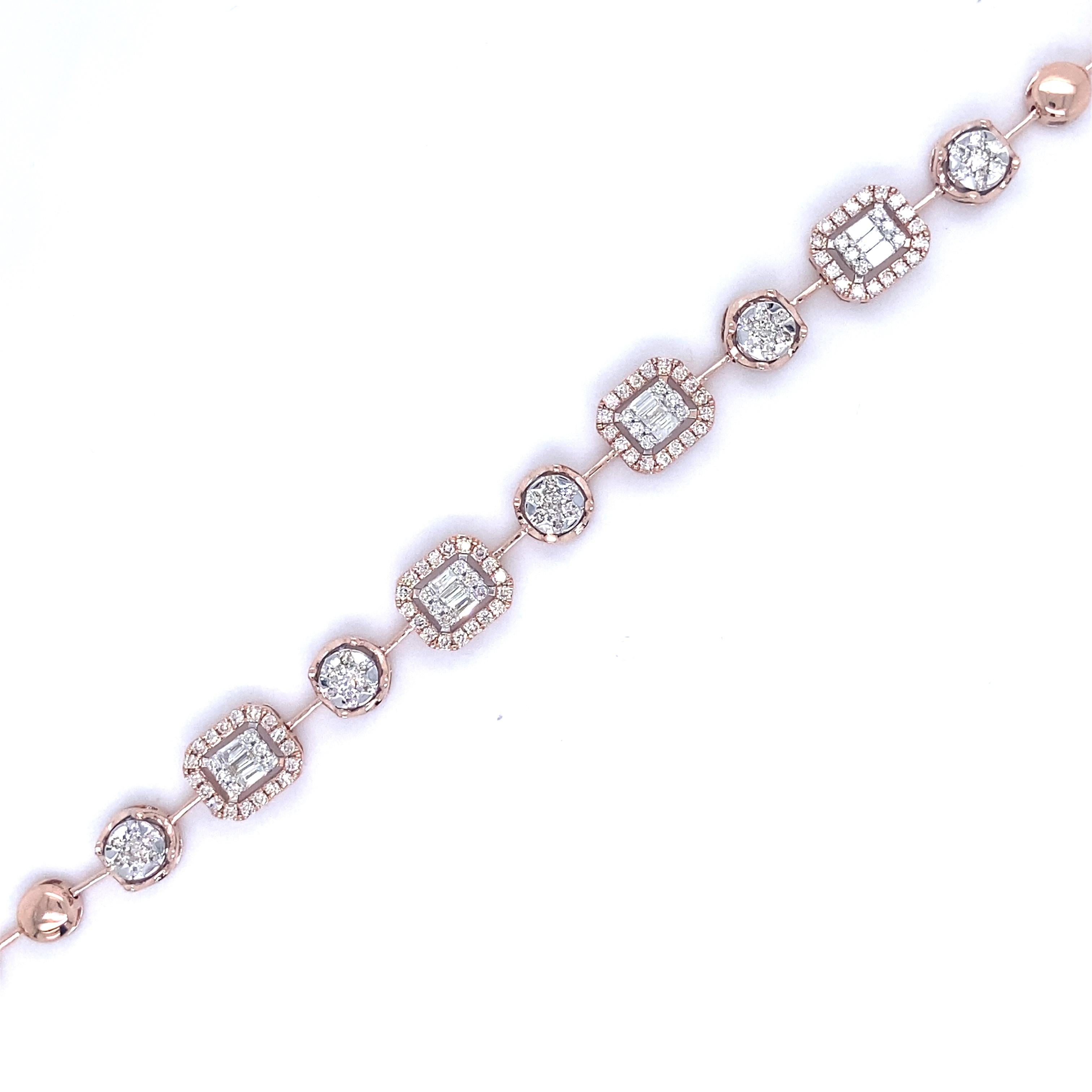 Round & Baguette Diamond Tennis Bracelet With Illusion Setting in 18k Solid Gold In New Condition For Sale In New Delhi, DL