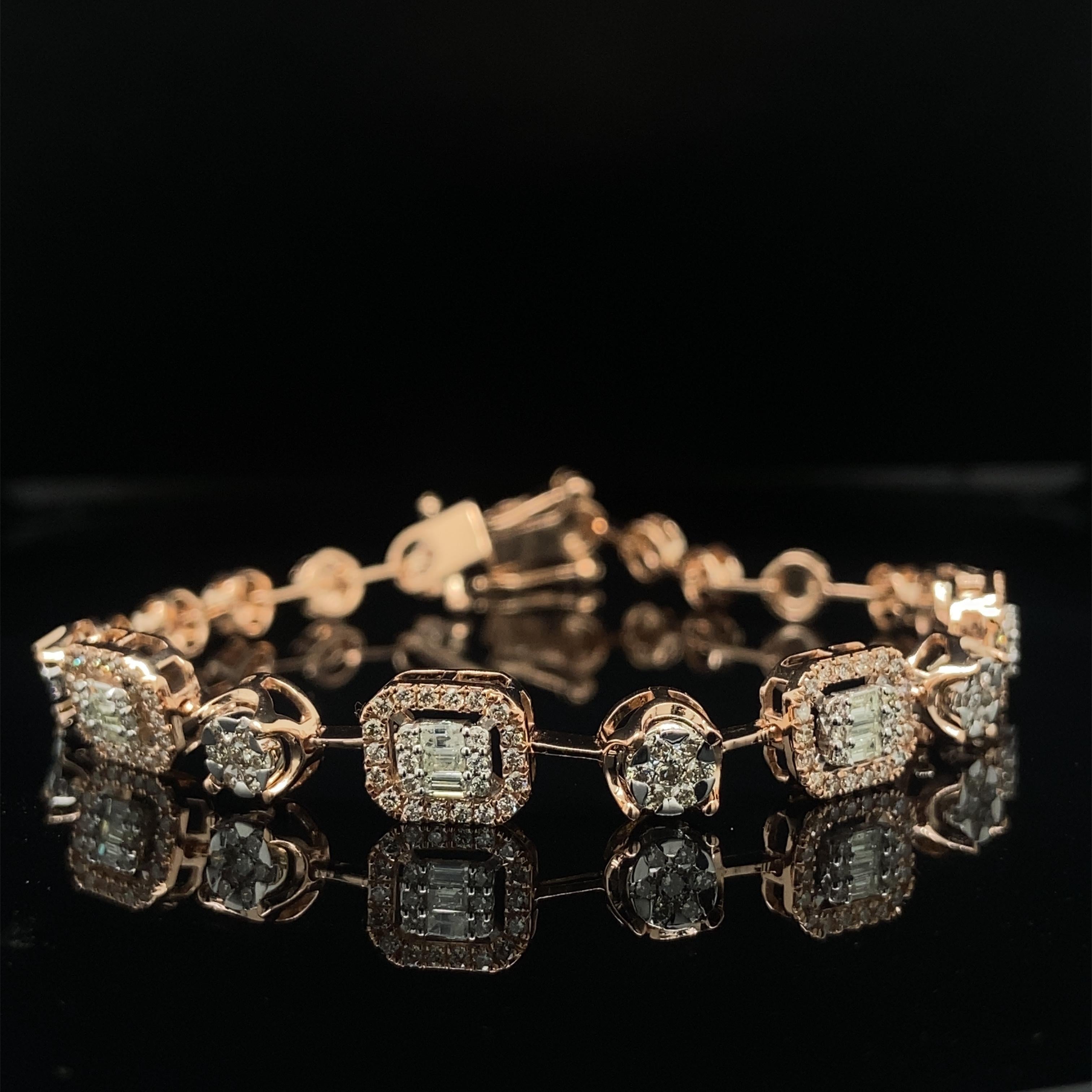 Rundes & Baguette-Diamant-Tennisarmband mit Illusion-Fassung aus 18 Karat massivem Gold Damen im Angebot