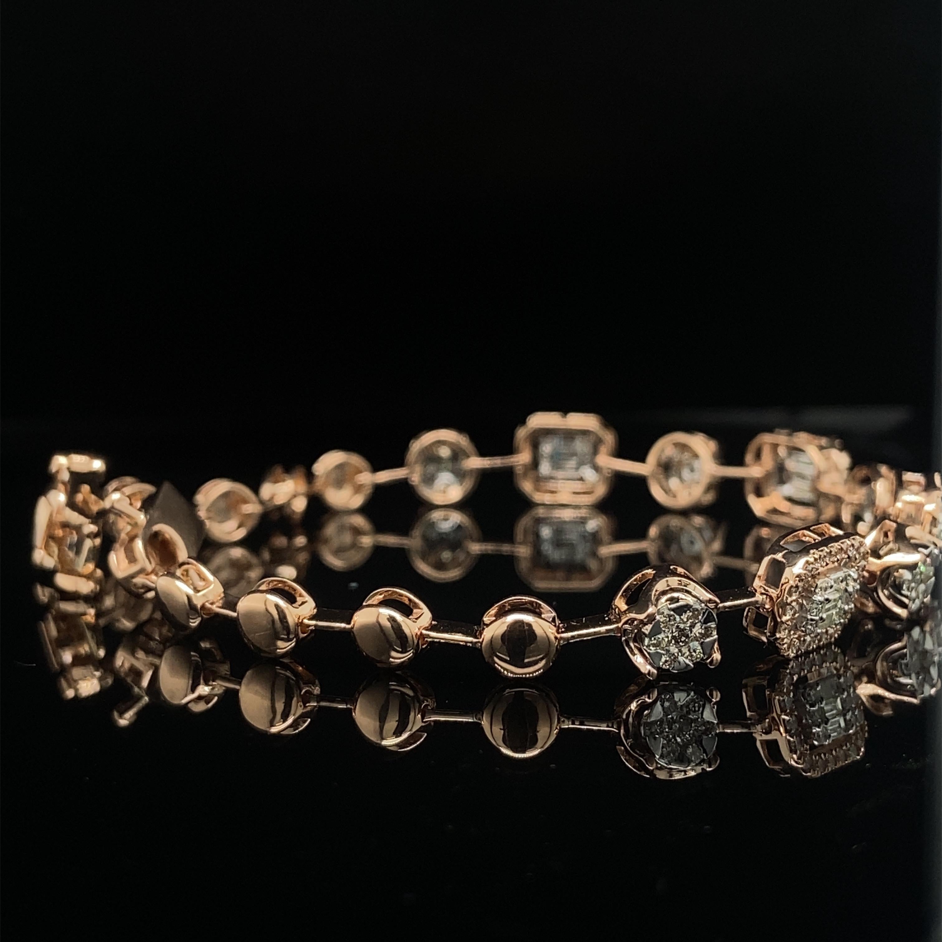 Round & Baguette Diamond Tennis Bracelet With Illusion Setting in 18k Solid Gold For Sale 1