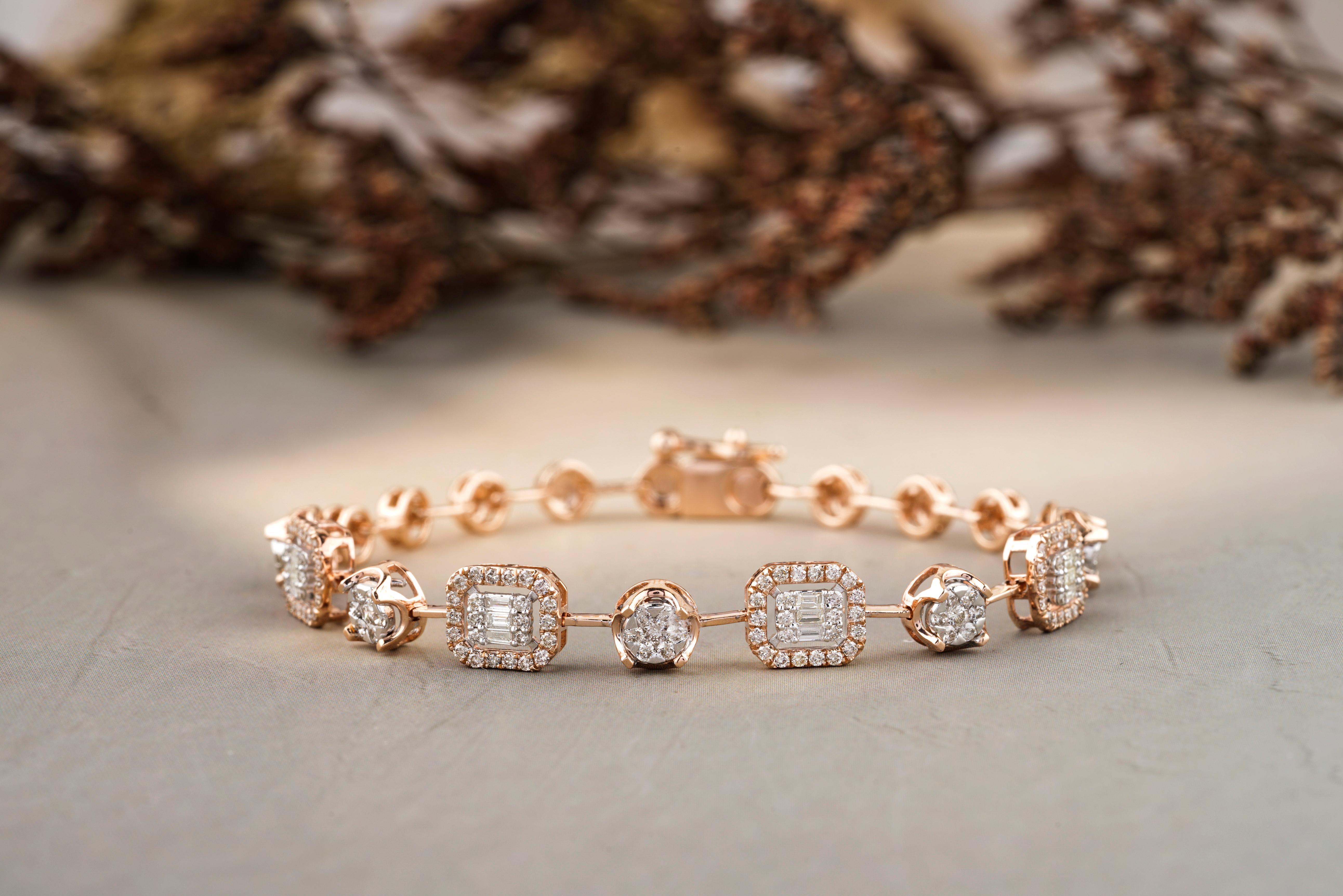 Round & Baguette Diamond Tennis Bracelet With Illusion Setting in 18k Solid Gold For Sale 2