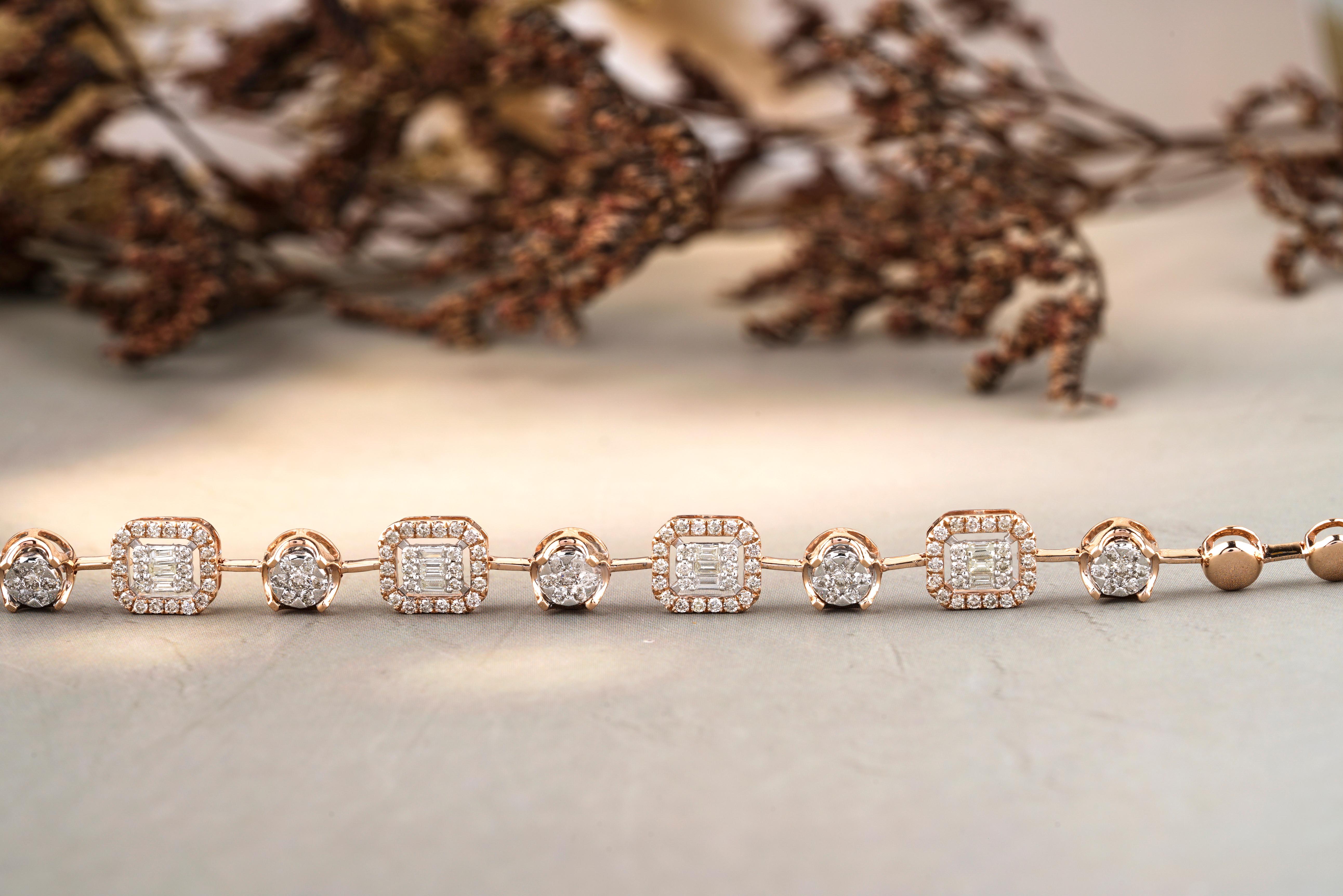 Round & Baguette Diamond Tennis Bracelet With Illusion Setting in 18k Solid Gold For Sale 3