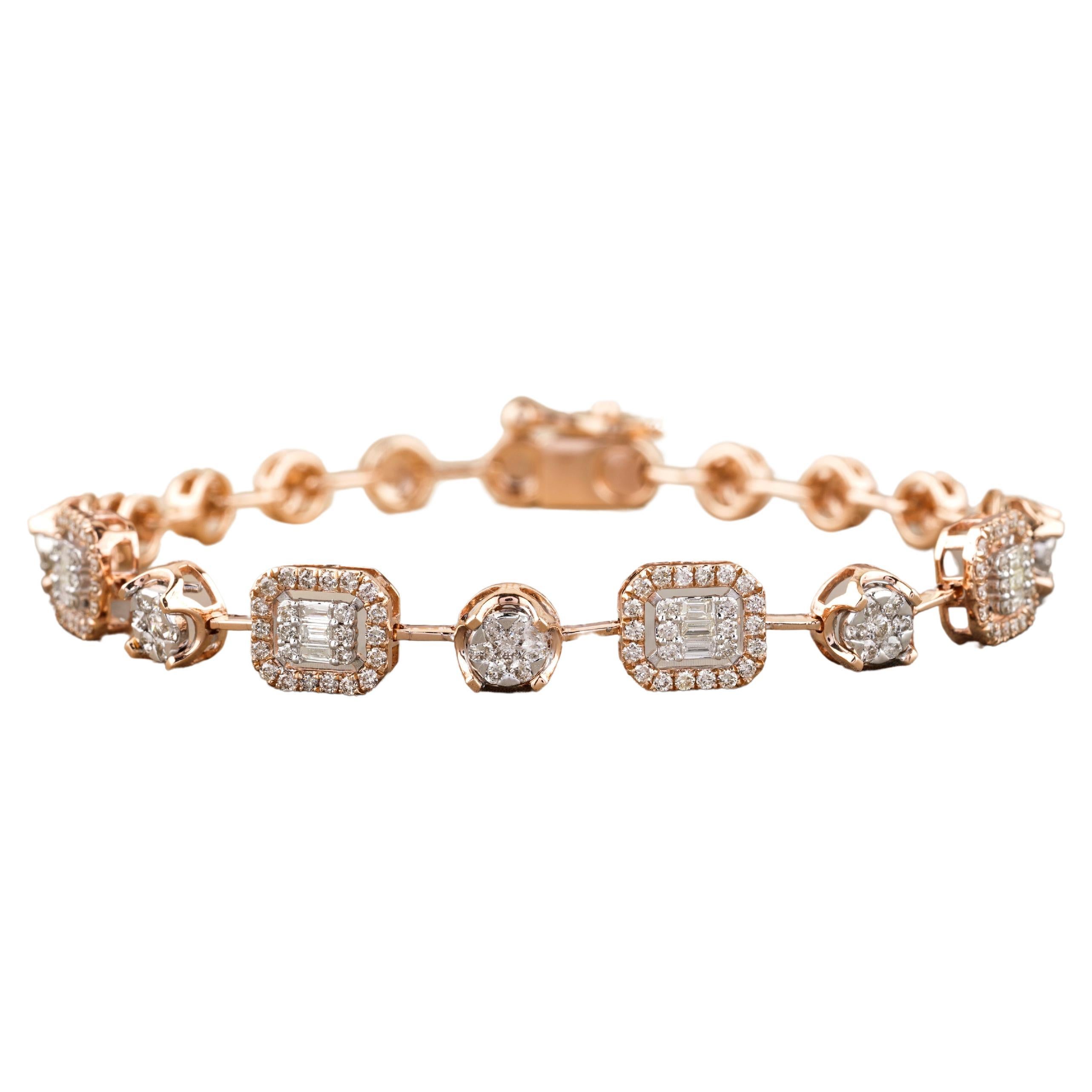 Bracelet tennis en or massif 18 carats avec diamants ronds et baguettes avec sertissage d'illusion