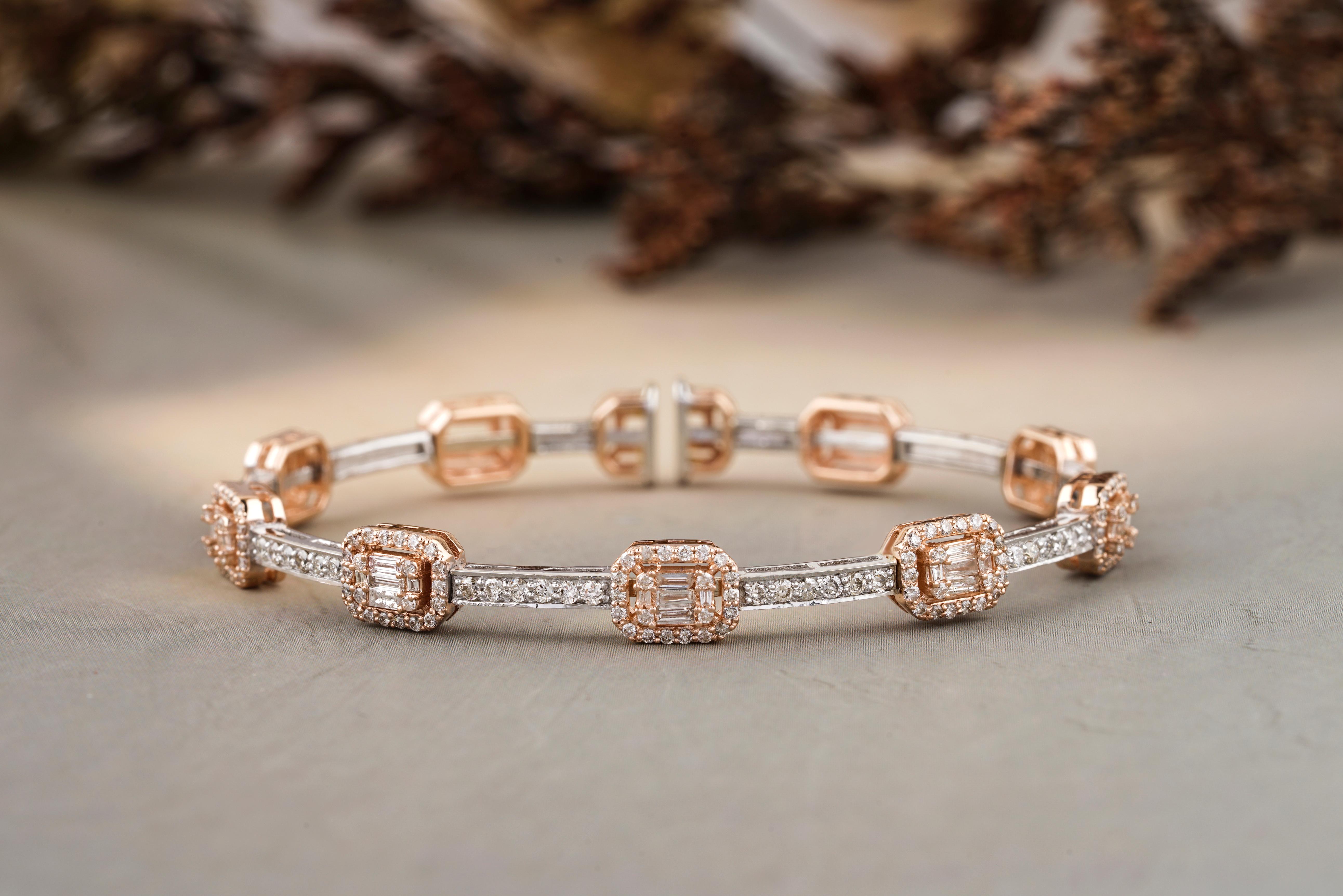 Round & Baguette Diamond With Illusion Setting Cuff Bracelet made of 18k solid gold, featuring a dual-tone design, combining white and rose gold elements. Its rectangular links are composed of rose gold sections that house both baguette and round