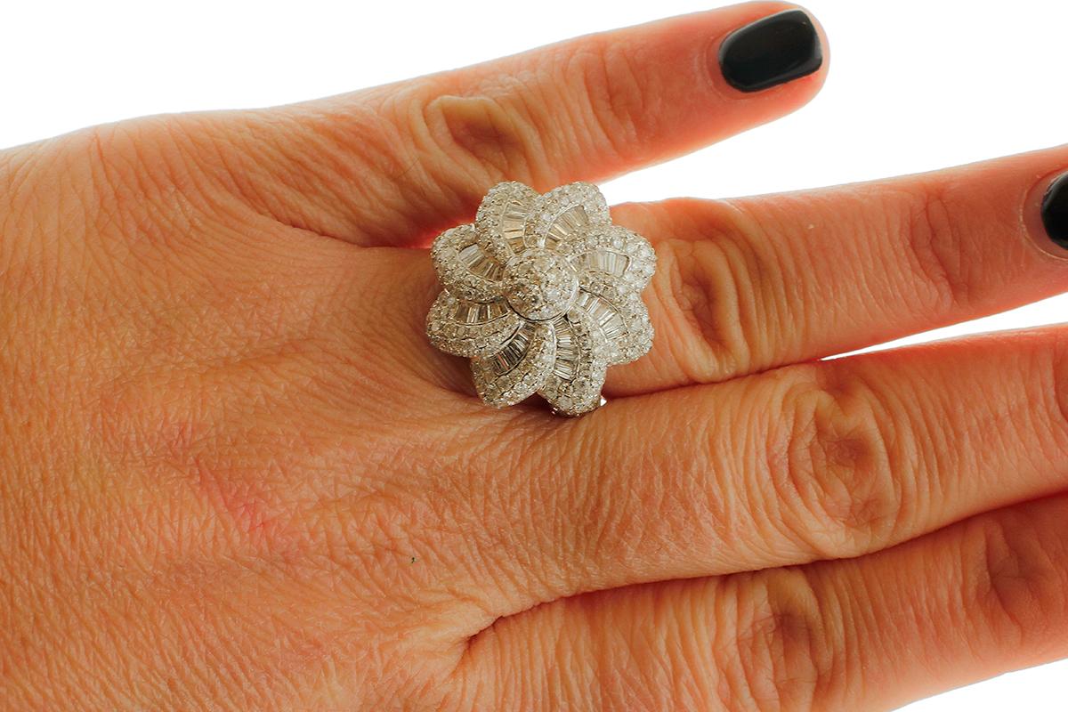 Women's Round and Baguette Diamonds, 18 Karat White Gold Flower Ring