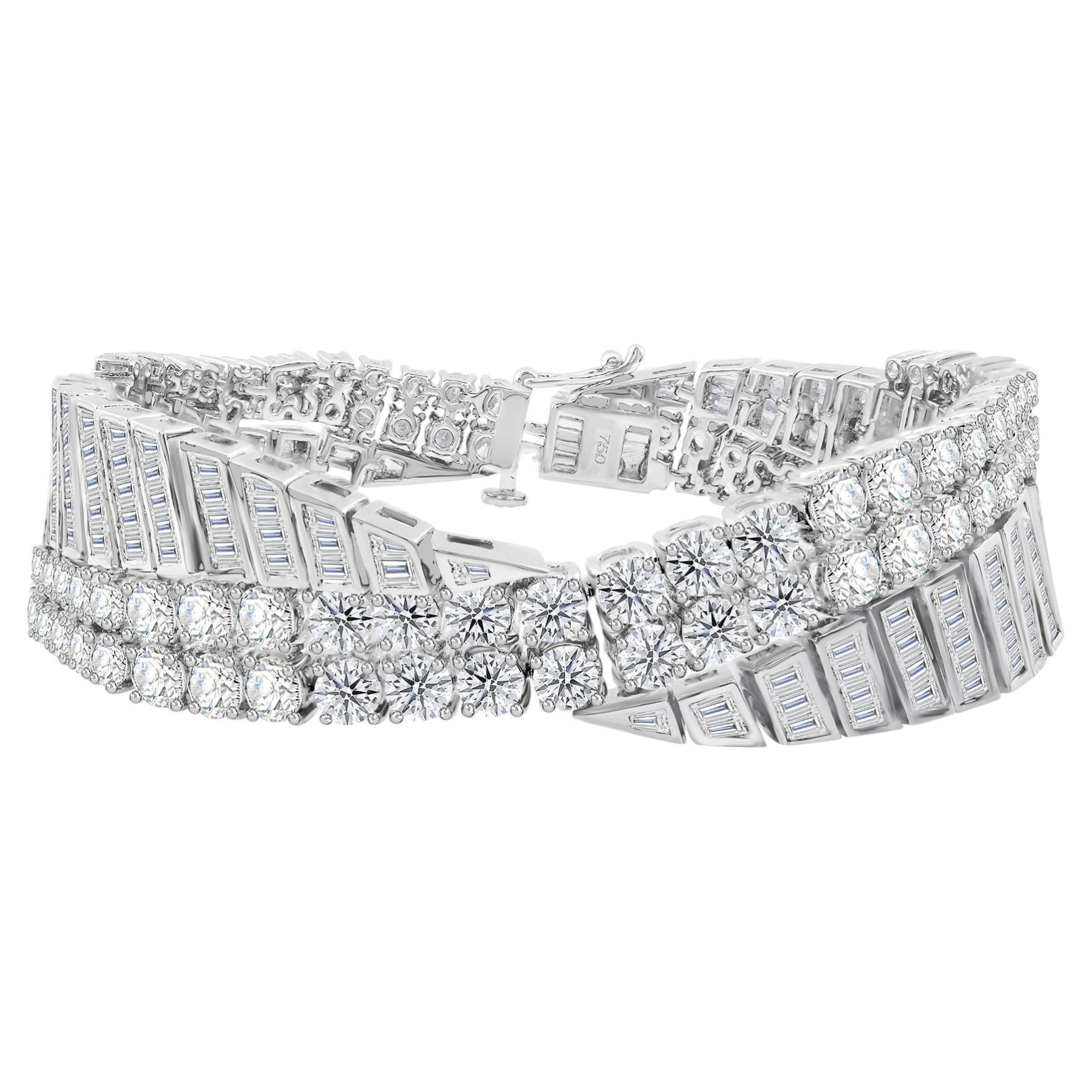 13.98 Carat Round & Baguette Diamond Wide Statement Bracelet 18K White Gold