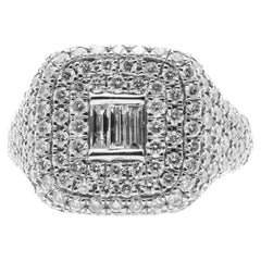 Round Baguette Pave Signet Ring in 18k White Gold with 1.35 Carat Diamond
