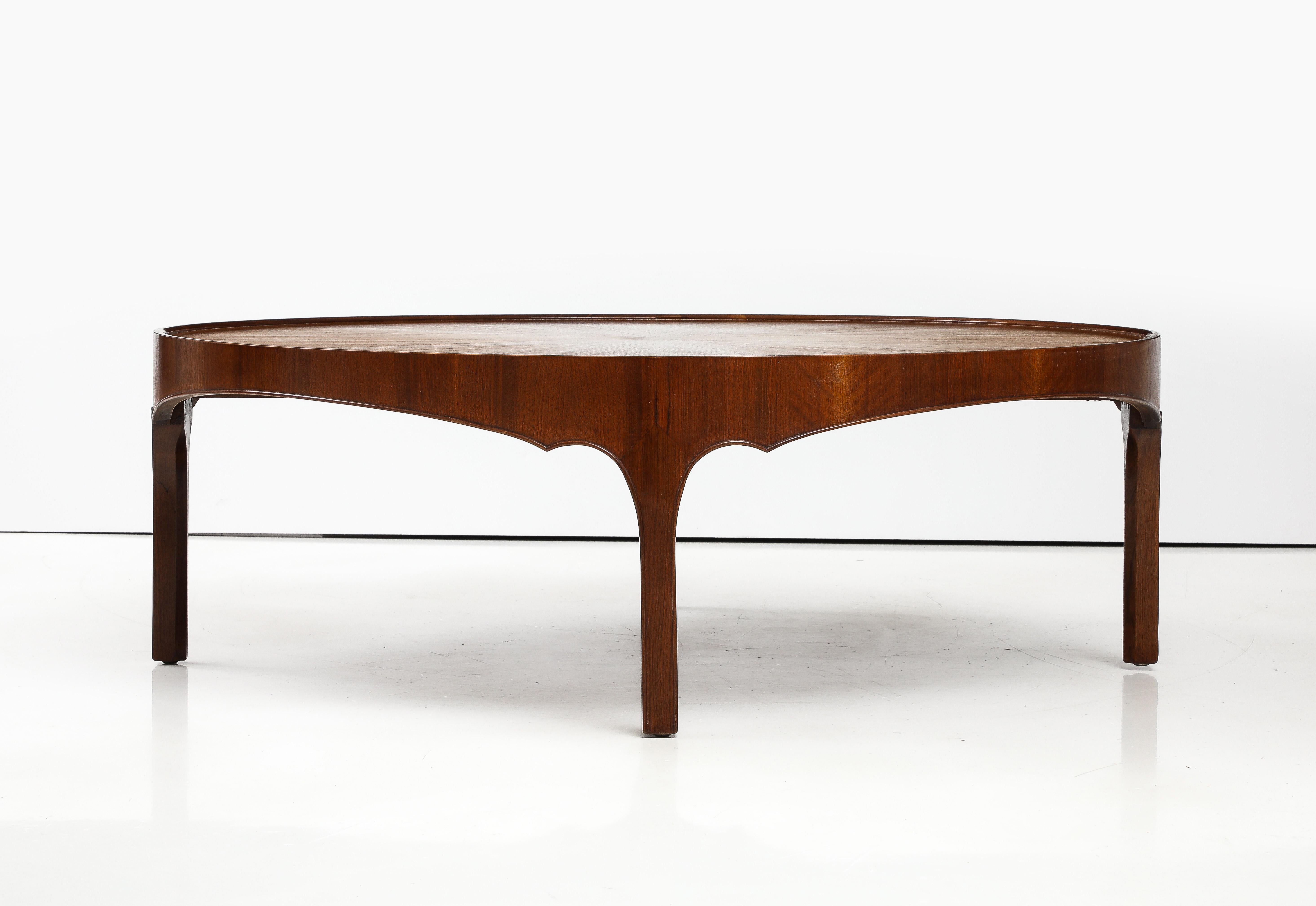 Round Baker Oversized 1960's Modern Walnut Coffee Table With Sunburst Top For Sale 4