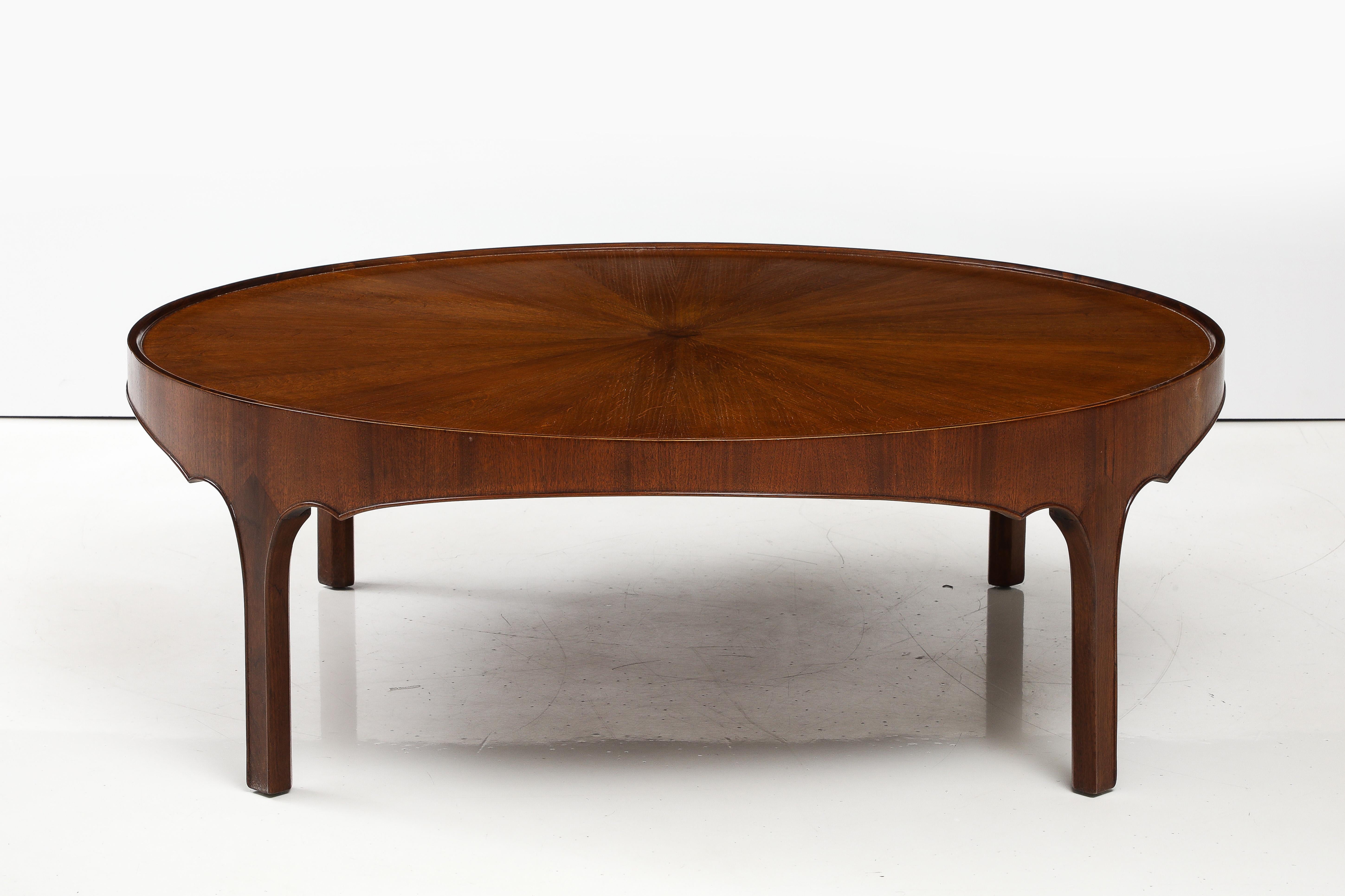 American Round Baker Oversized 1960's Modern Walnut Coffee Table With Sunburst Top For Sale