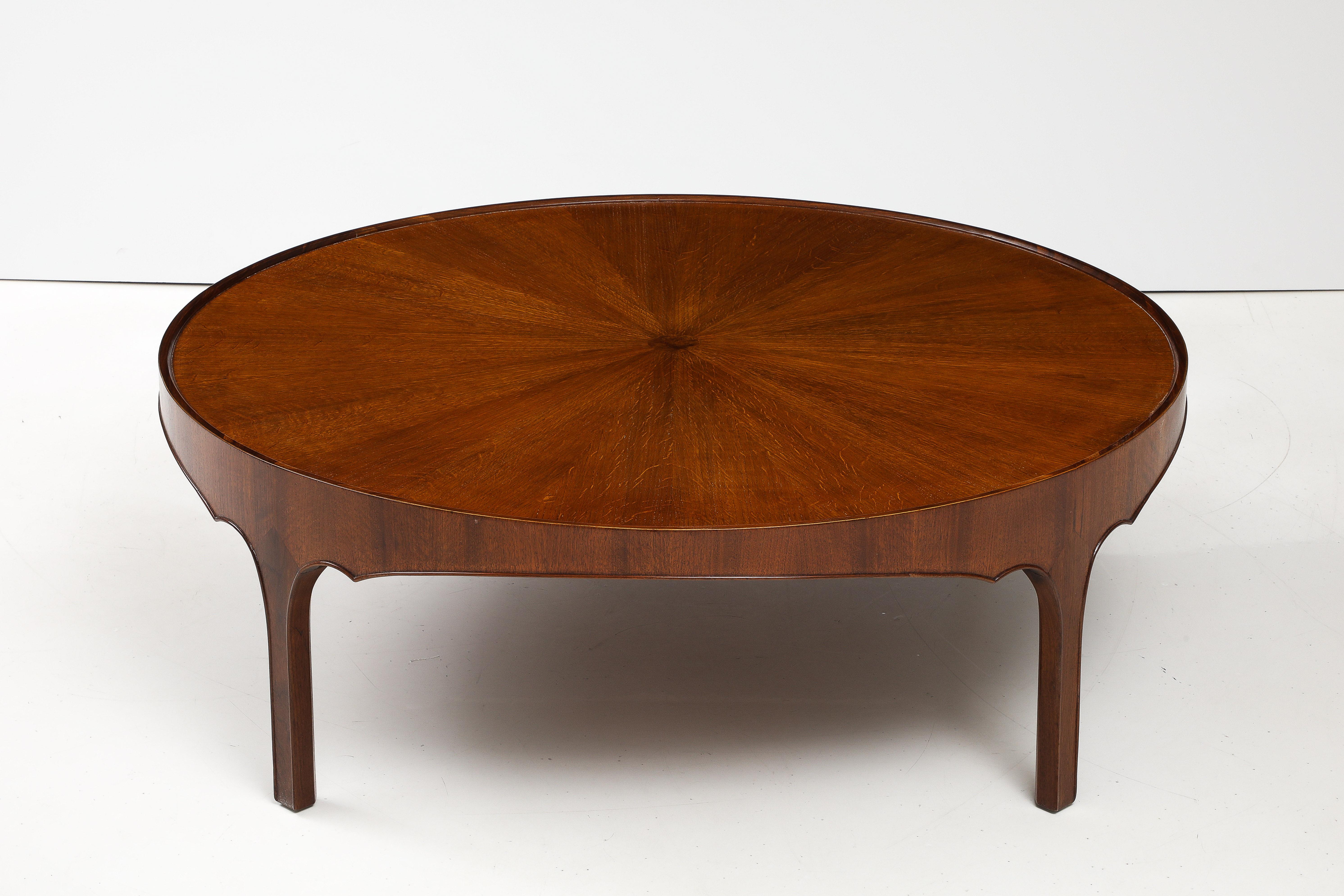 Round Baker Oversized 1960's Modern Walnut Coffee Table With Sunburst Top In Good Condition For Sale In New York, NY