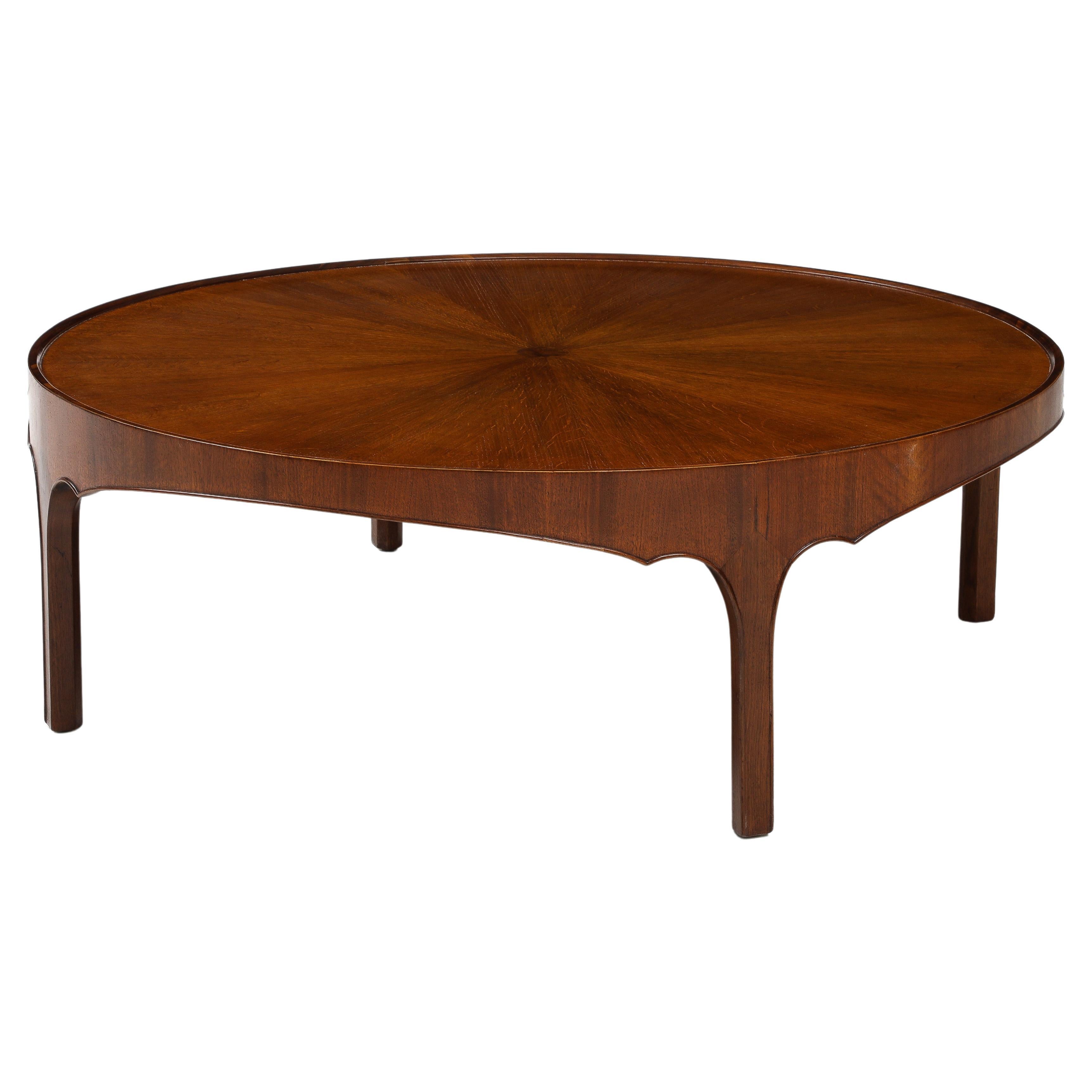 Round Baker Oversized 1960's Modern Walnut Coffee Table With Sunburst Top For Sale