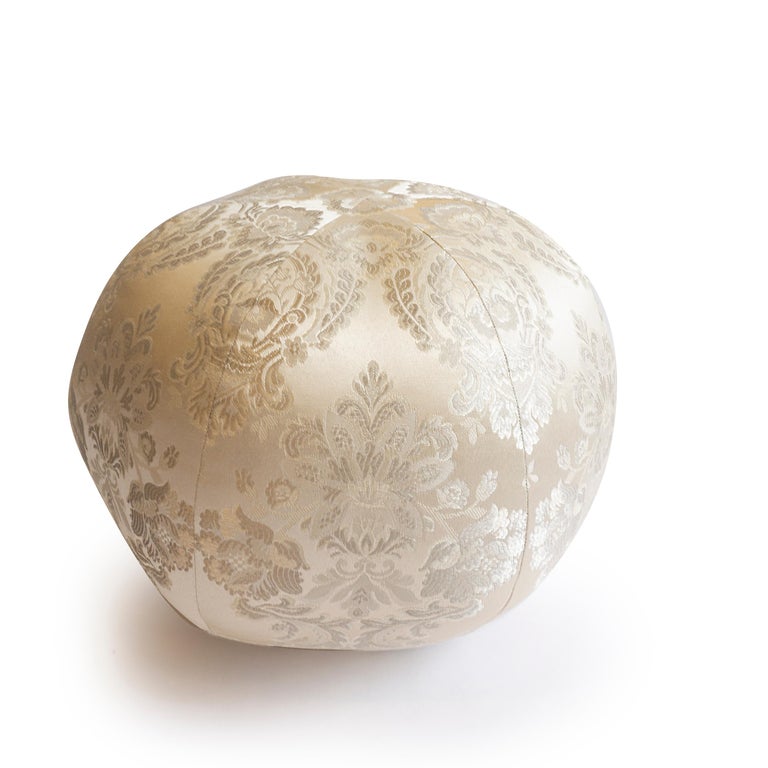 Round Ball Pillow in Satin with Embroidered Damask Pattern For Sale at