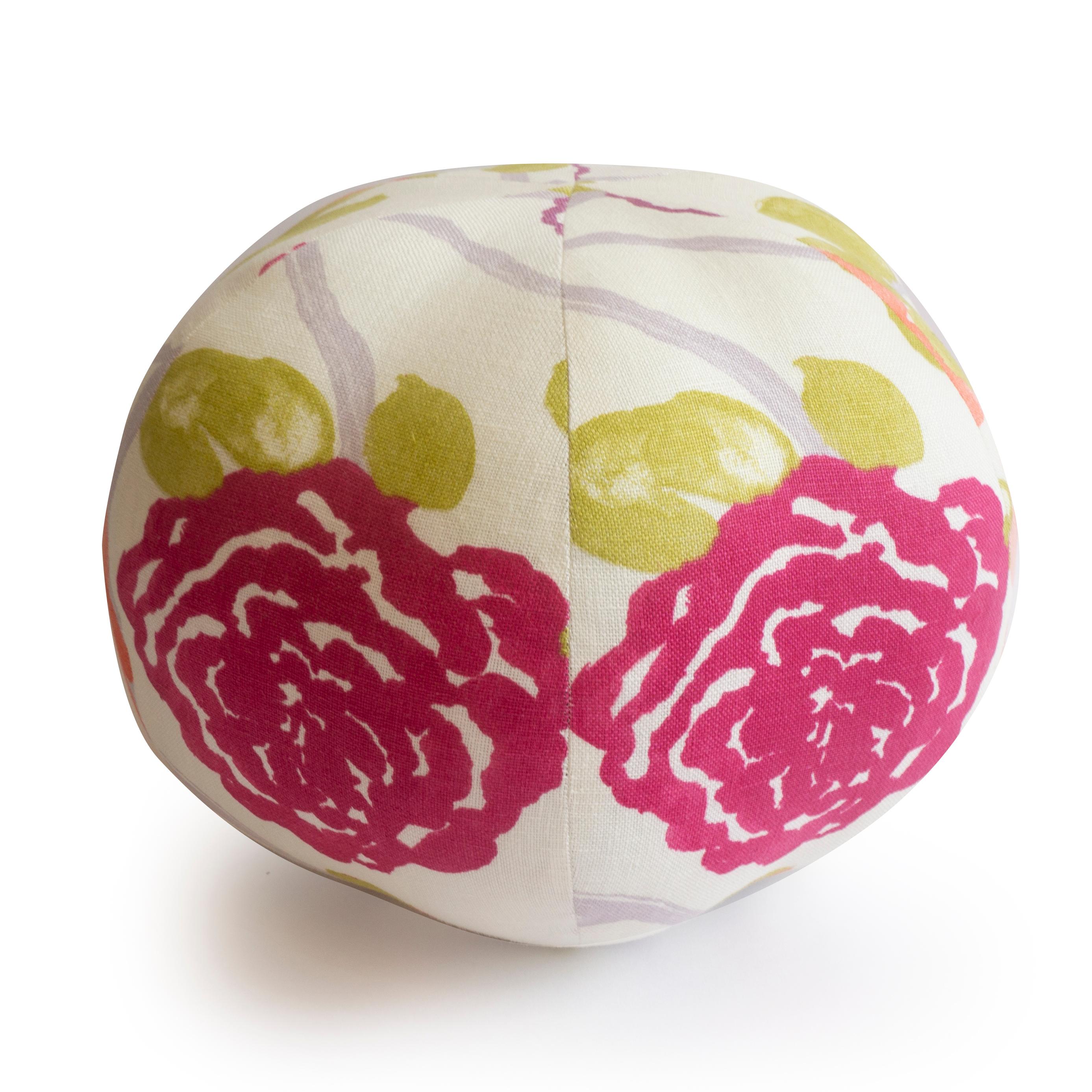This is a hand sewn round ball pillow in a watercolor rose print. All pillows are made at our studio in Norwalk, Connecticut. 

Measurements: 9
