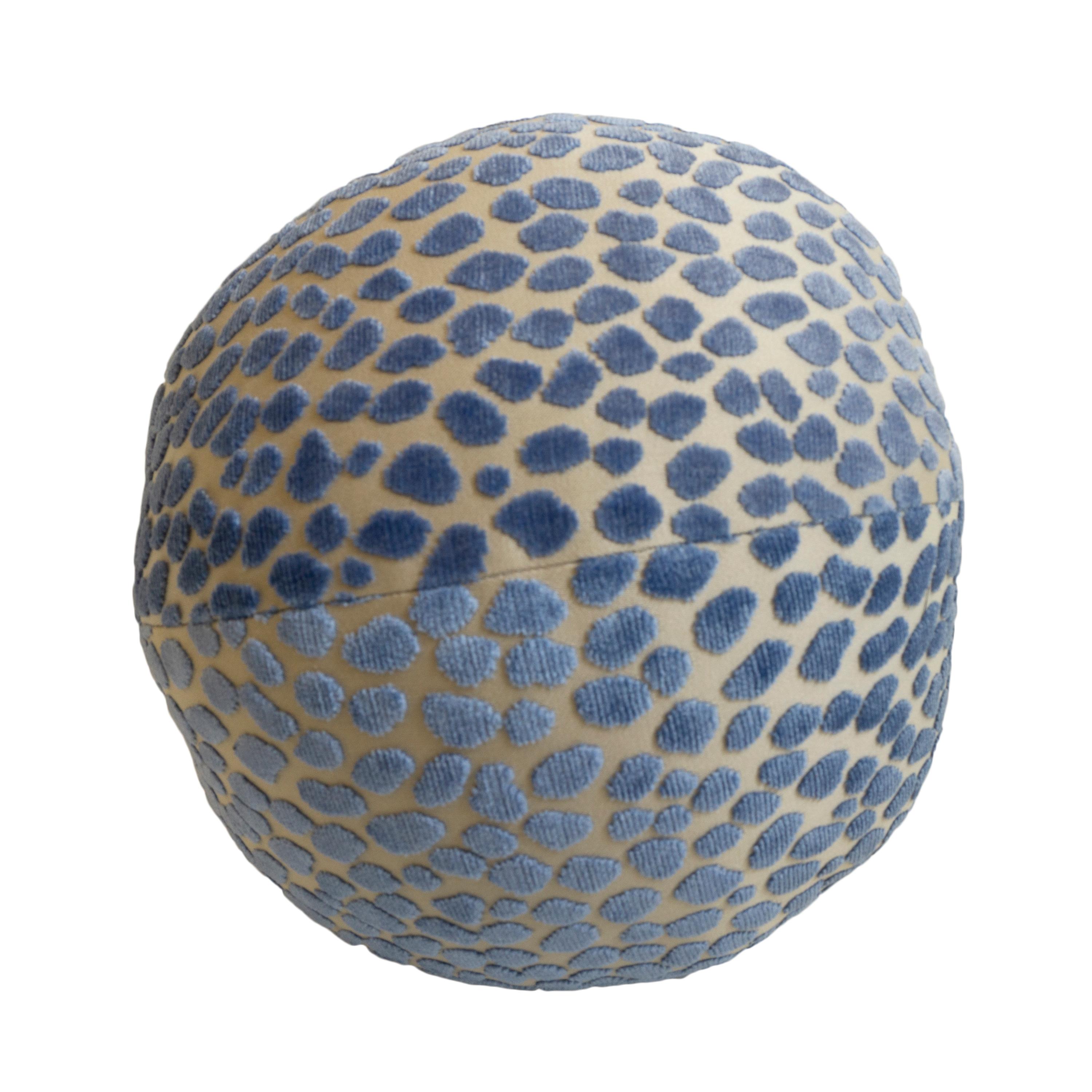 Contemporary Round Ball Pillow with Blue Velvet Dots