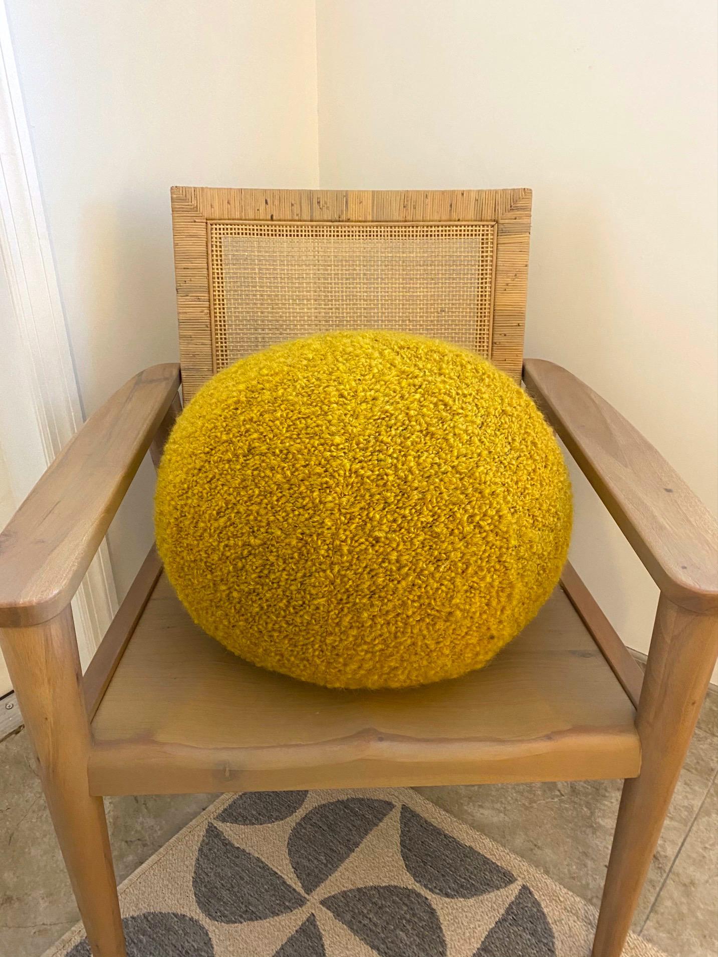 Wool Round Ball Pillow with Pierre Frey's Opio Mohair and Alpaca Bouclé in Yellow