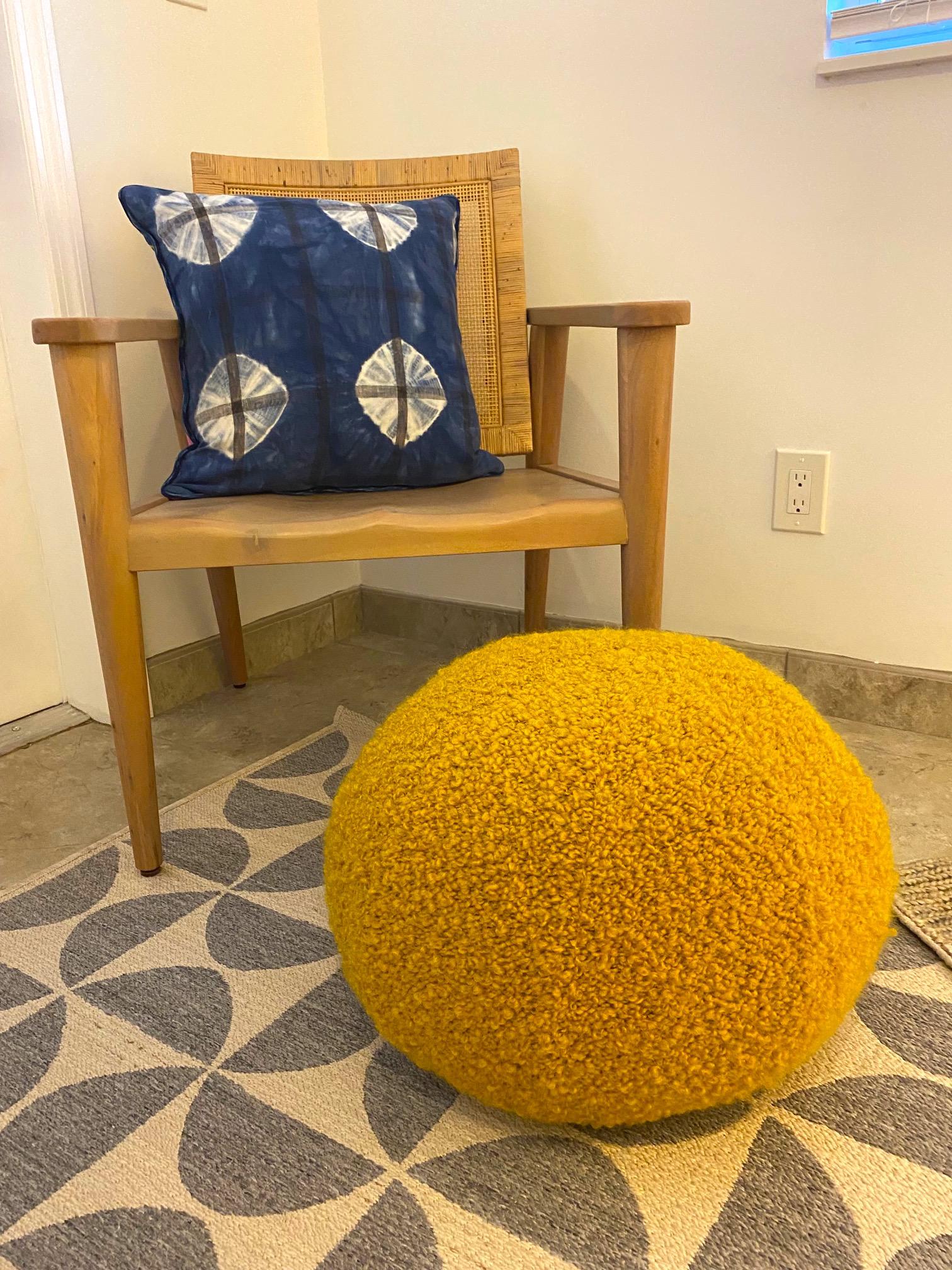 Organic Modern Round Ball Pillow with Pierre Frey's Opio Mohair and Alpaca Bouclé in Yellow