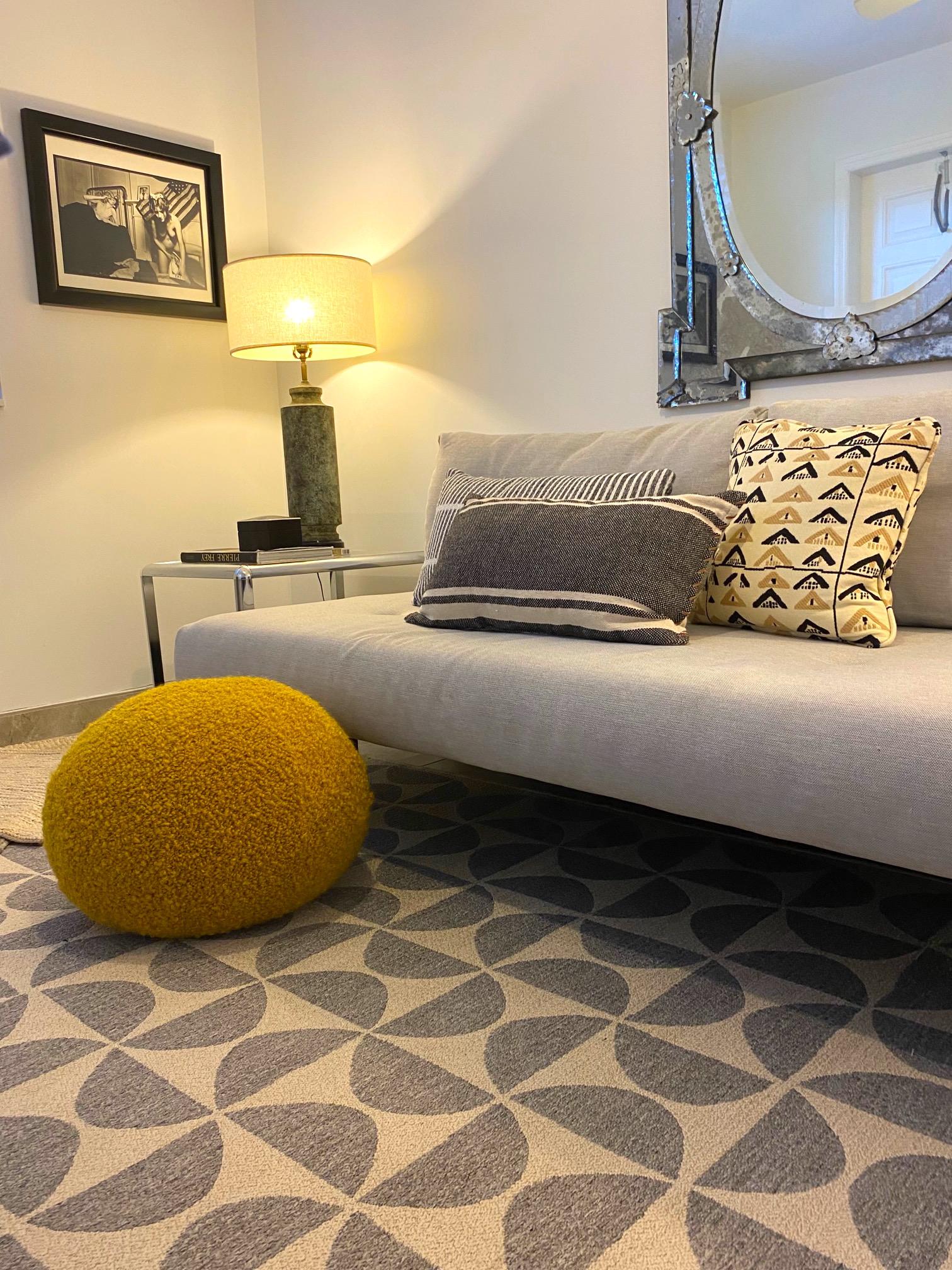 French Round Ball Pillow with Pierre Frey's Opio Mohair and Alpaca Bouclé in Yellow