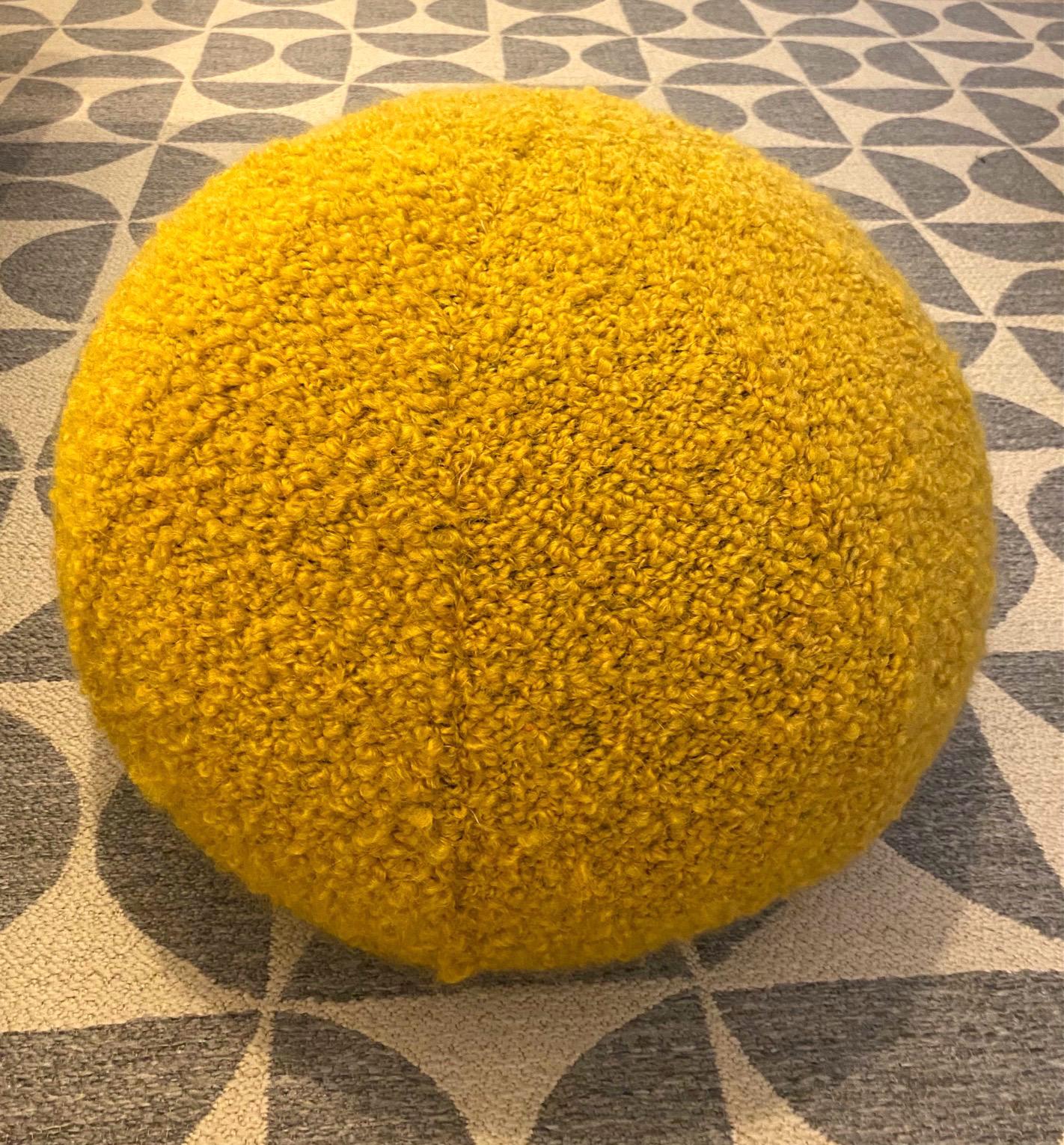 Round Ball Pillow with Pierre Frey's Opio Mohair and Alpaca Bouclé in Yellow In New Condition In Fort Lauderdale, FL