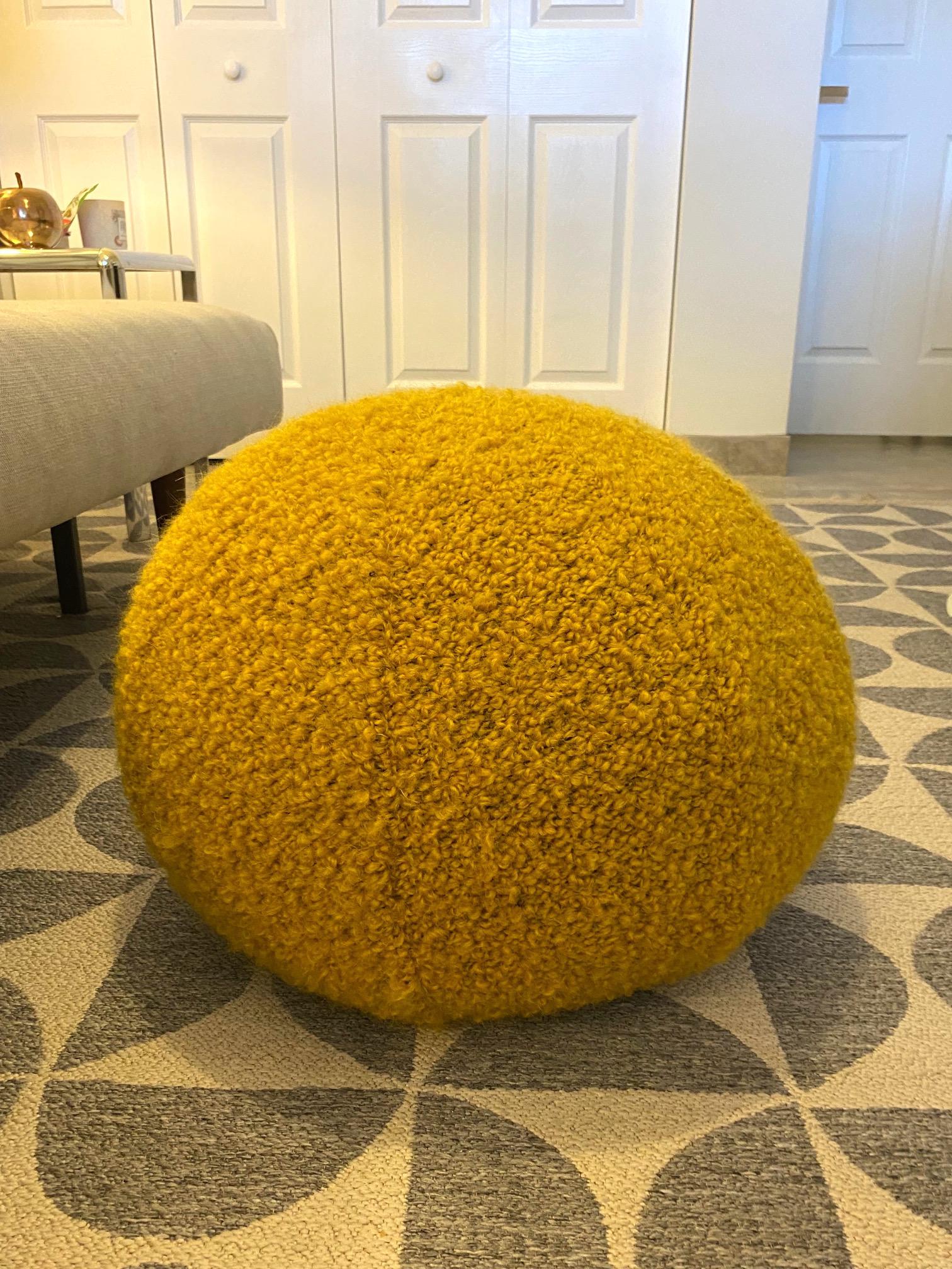 Contemporary Round Ball Pillow with Pierre Frey's Opio Mohair and Alpaca Bouclé in Yellow