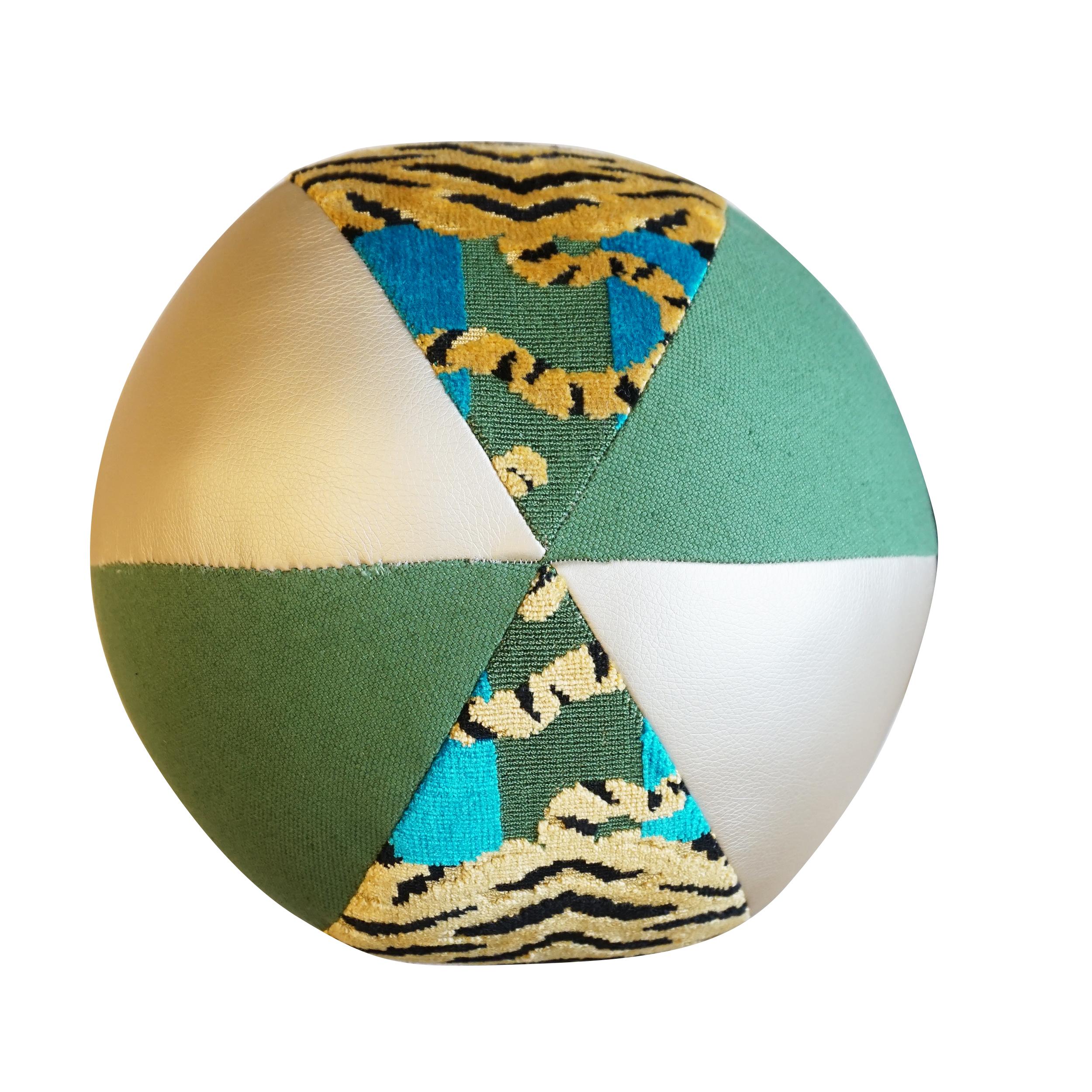 Modern Round Ball Pillow with Velvet Tiger Fabric, Gold Vinyl and Green Cotton