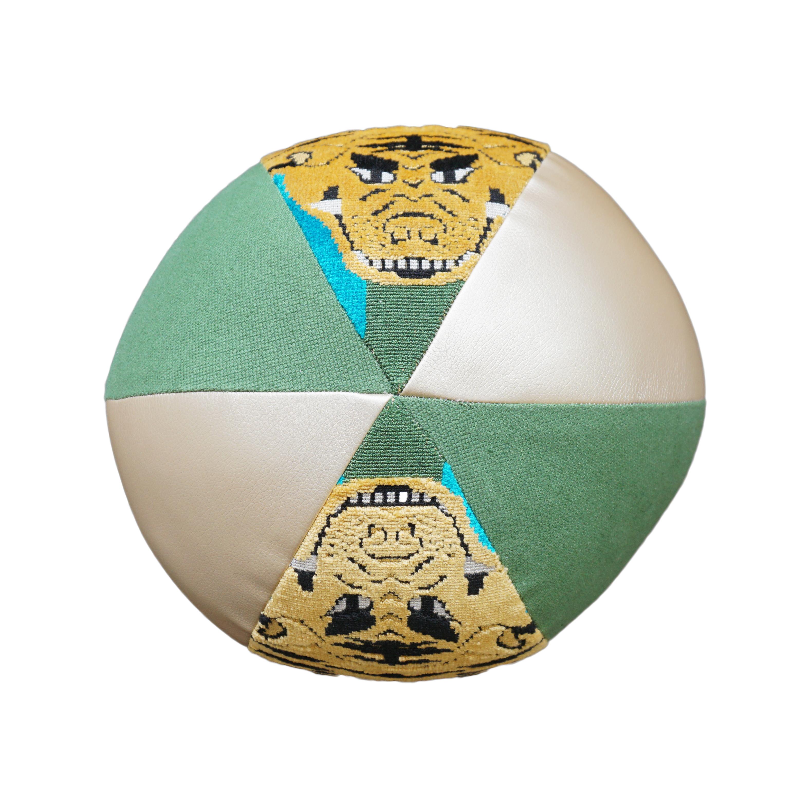 American Round Ball Pillow with Velvet Tiger Fabric, Gold Vinyl and Green Cotton