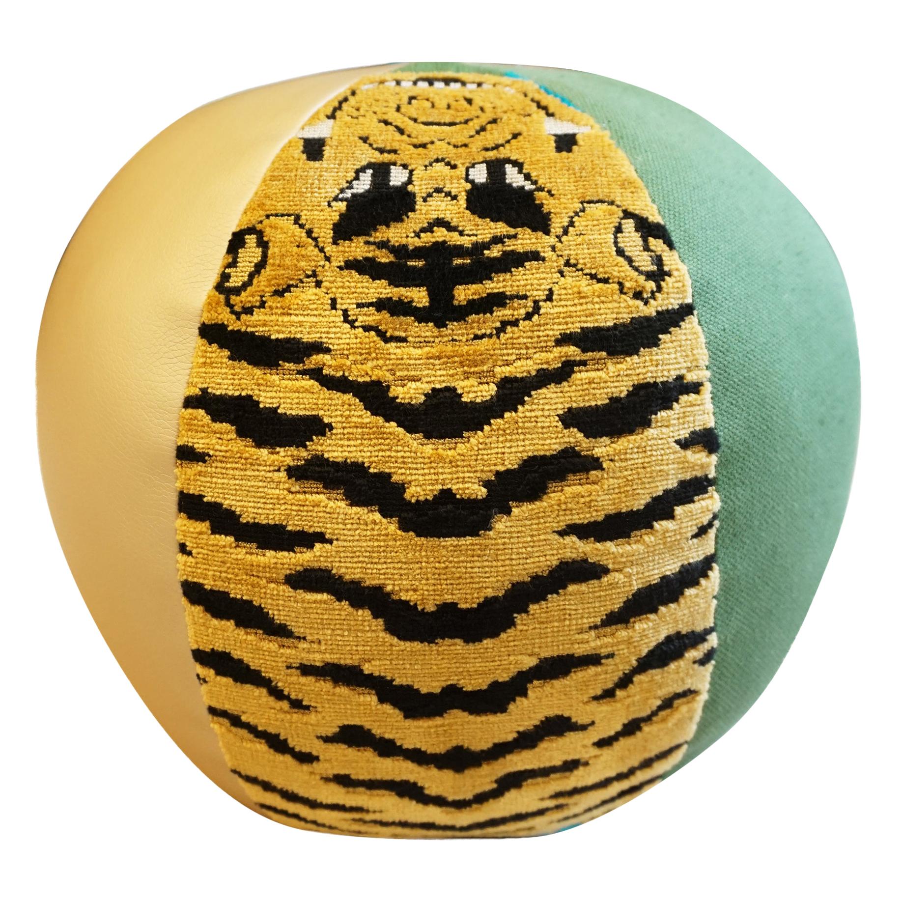 Round Ball Pillow with Velvet Tiger Fabric, Gold Vinyl and Green Cotton