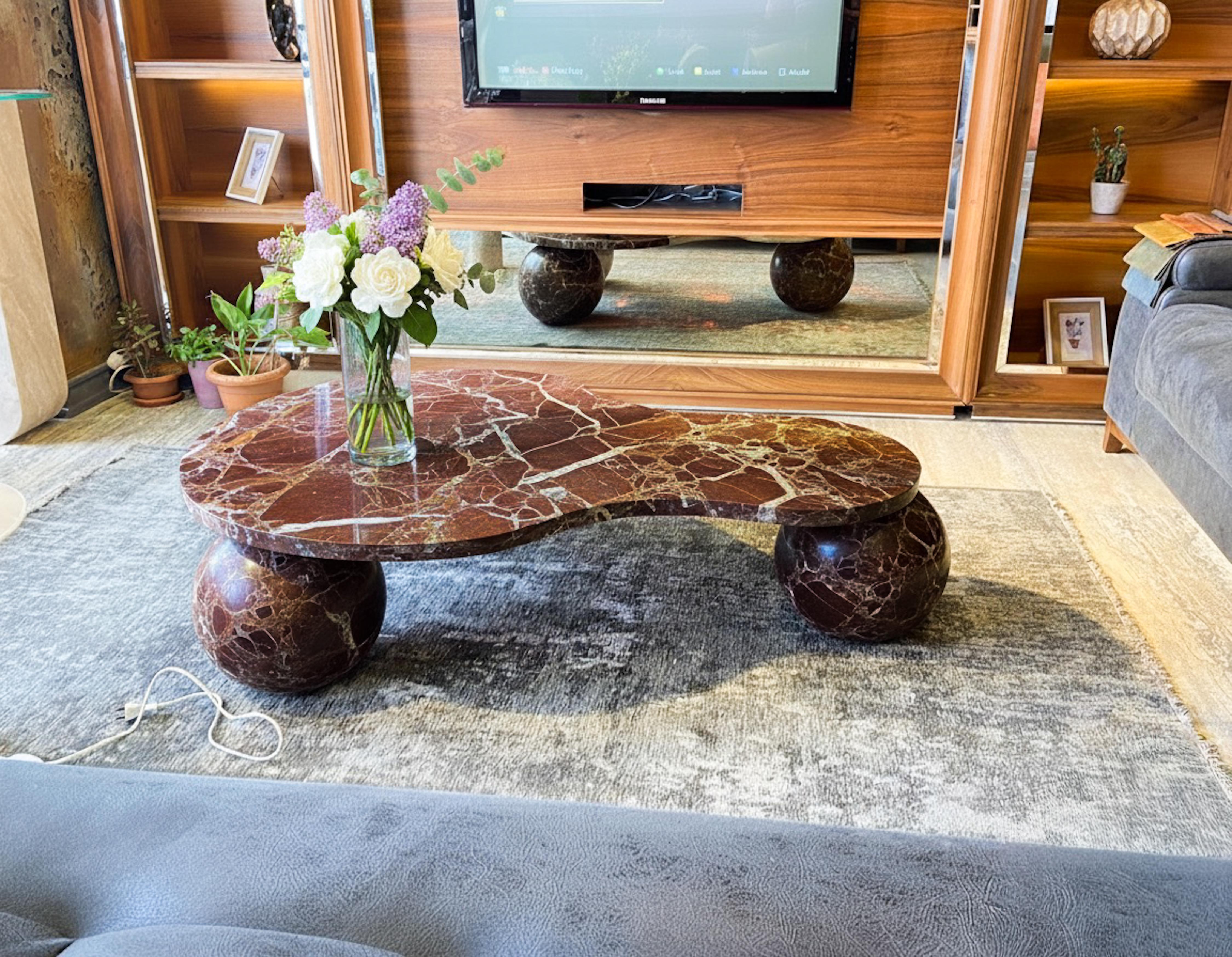 Modern Round Ball Rosso Levanto Red Marble Coffee Table - Sculptural Coffee Table For Sale