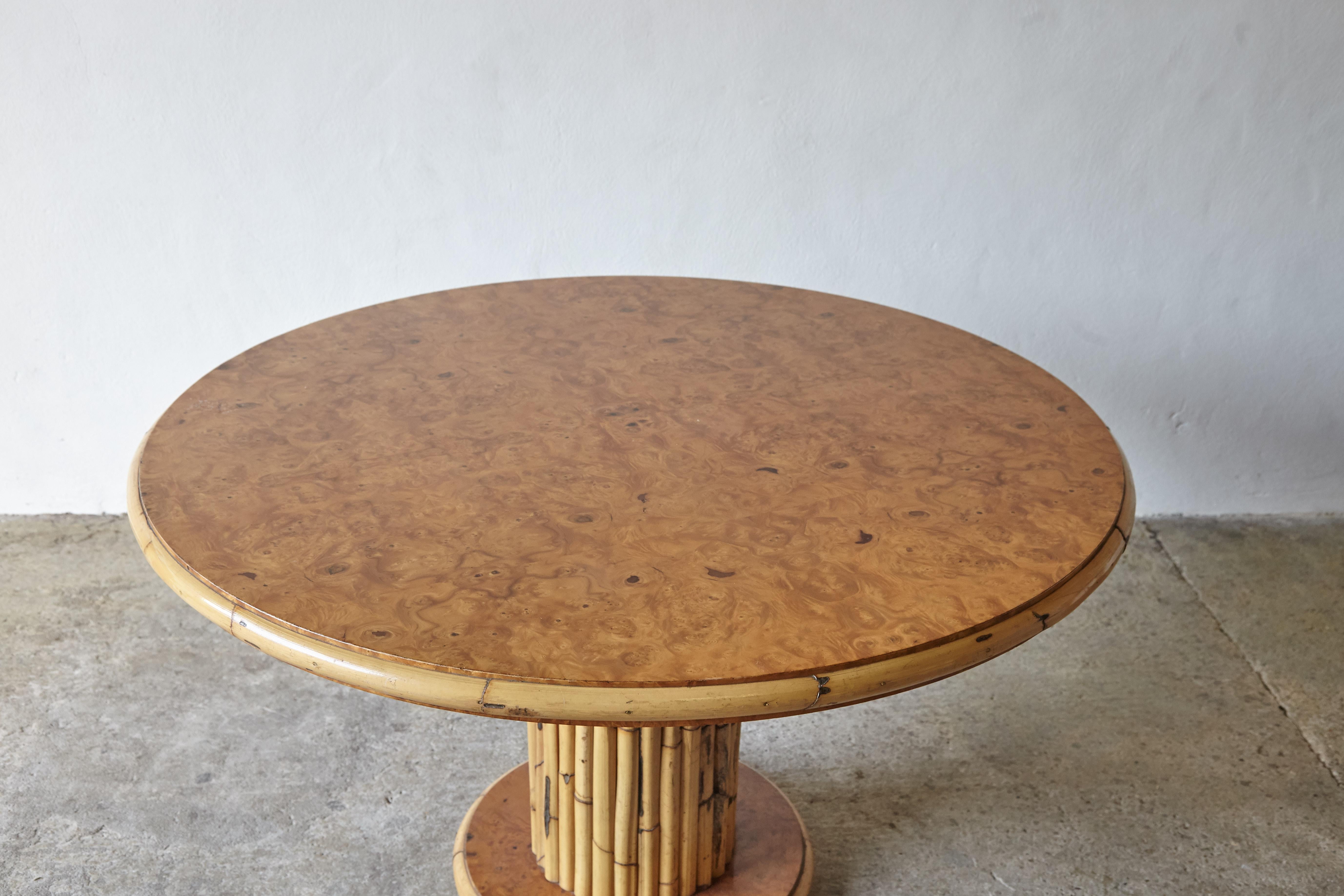 Mid-Century Modern Round Bamboo and Burl Wood Dining Table, Italy, 1970s