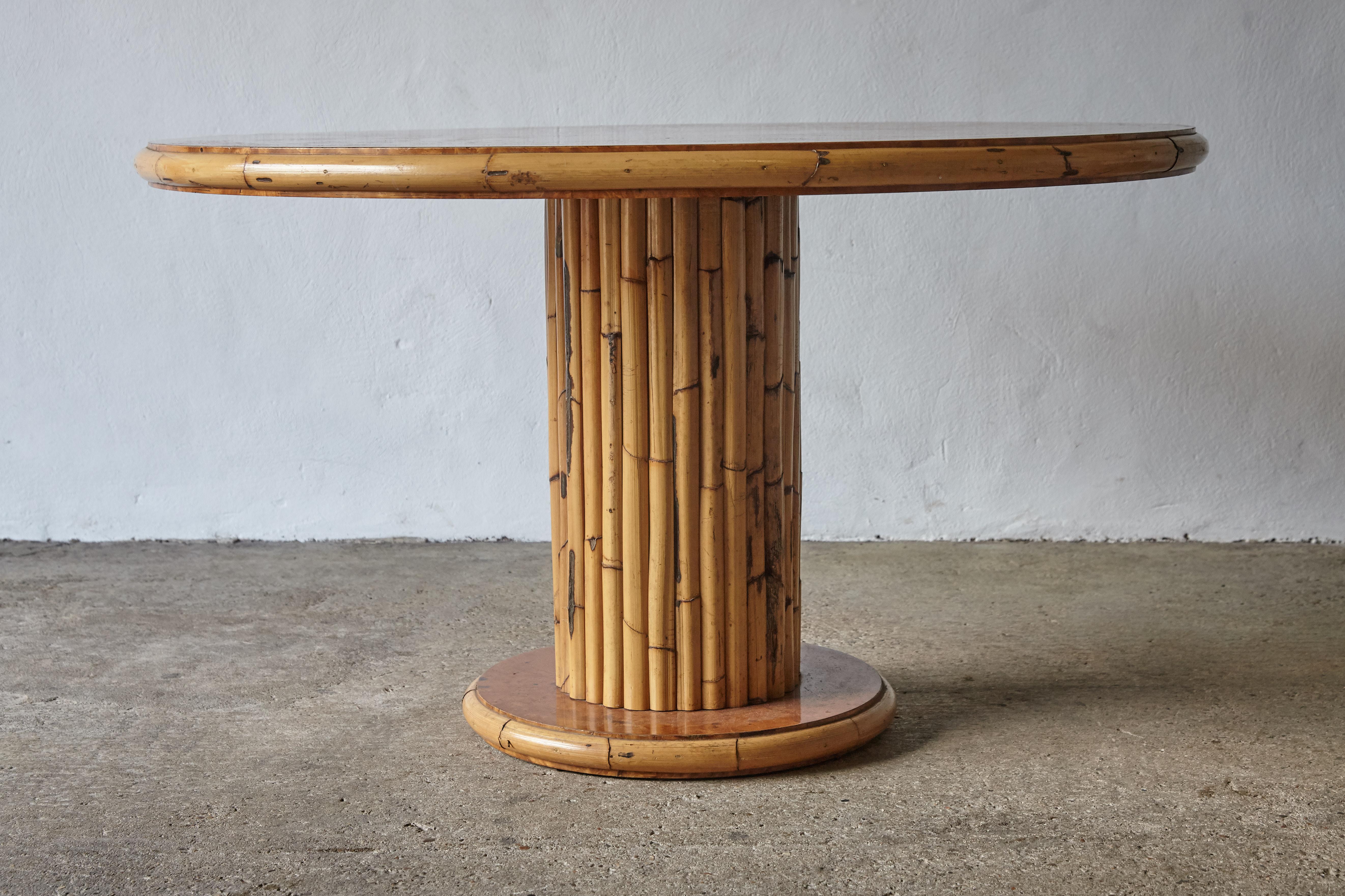 Late 20th Century Round Bamboo and Burl Wood Dining Table, Italy, 1970s