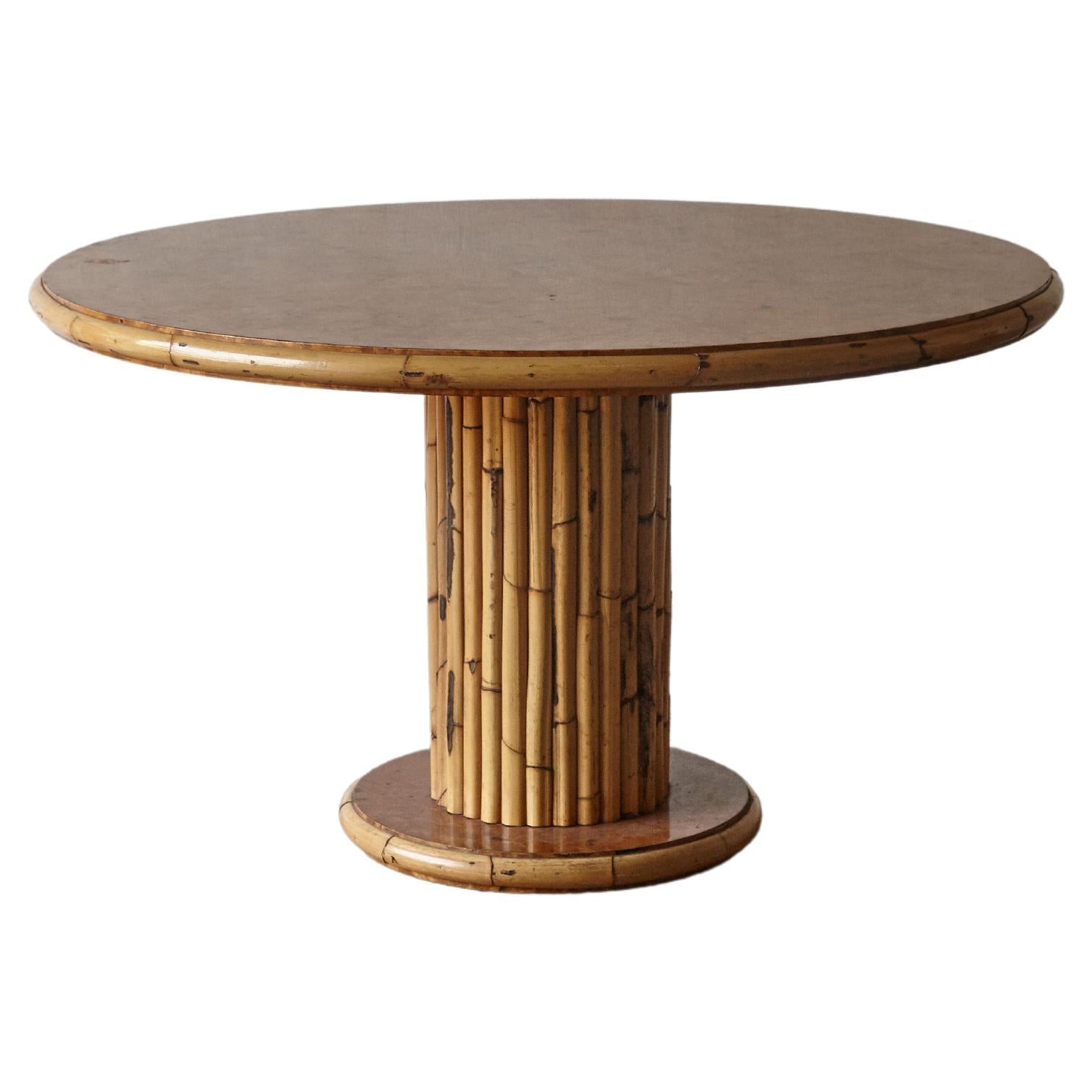 Round Bamboo and Burl Wood Dining Table, Italy, 1970s