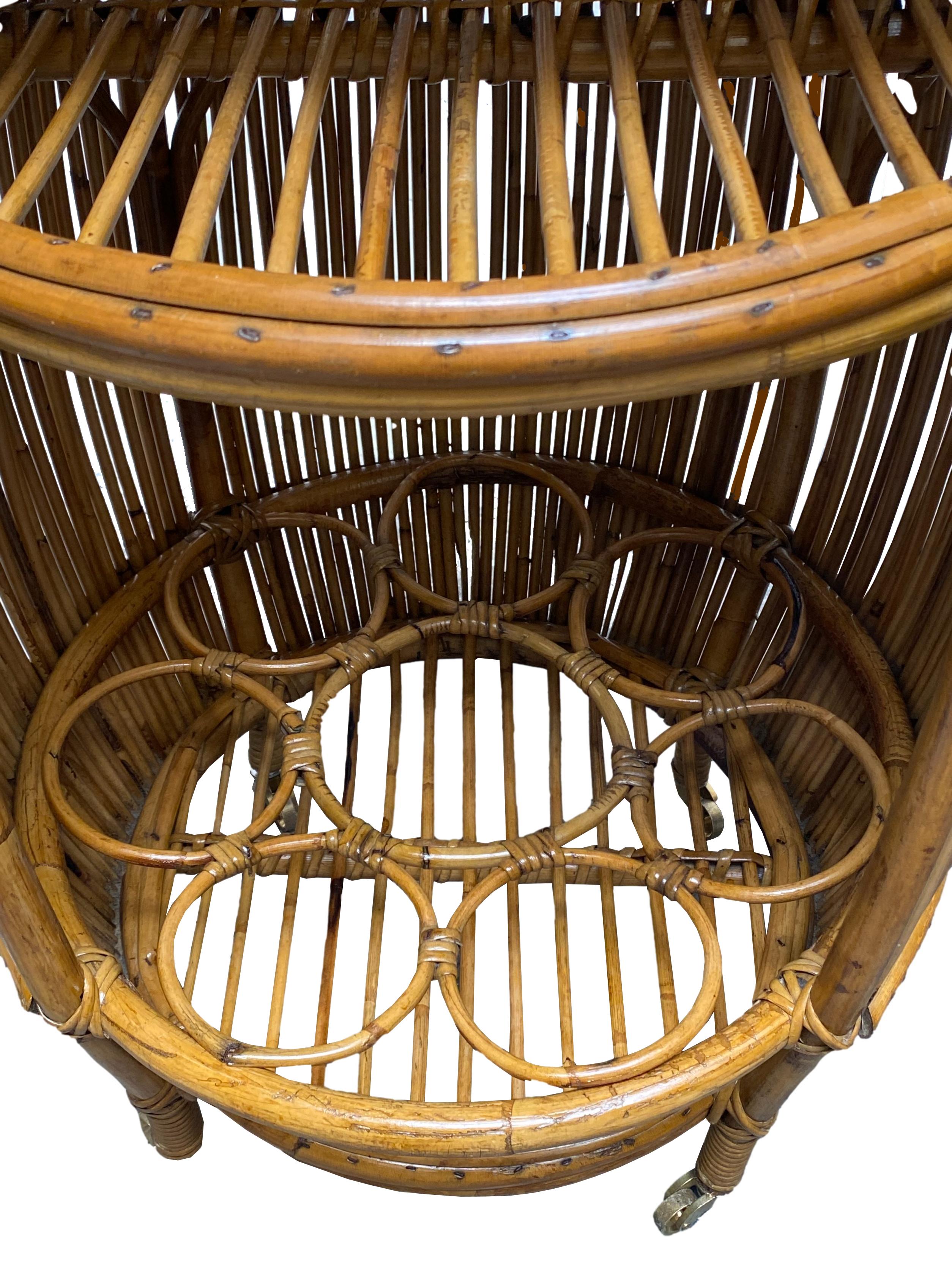 Mid-Century Modern Round Bamboo and Rattan Bar Cart with Brass Shelf and Wheels, Italy, 1960s