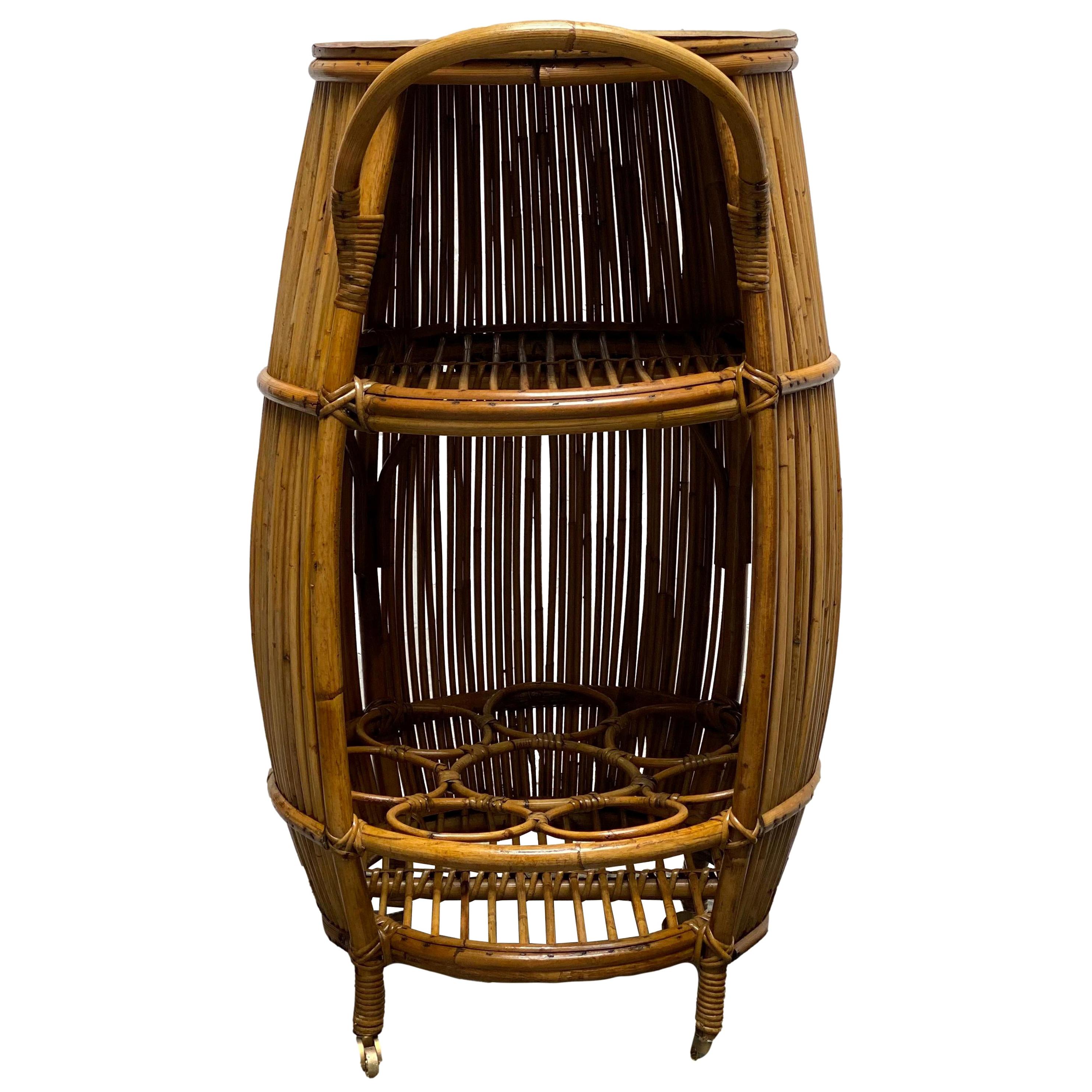 Round Bamboo and Rattan Bar Cart with Brass Shelf and Wheels, Italy, 1960s