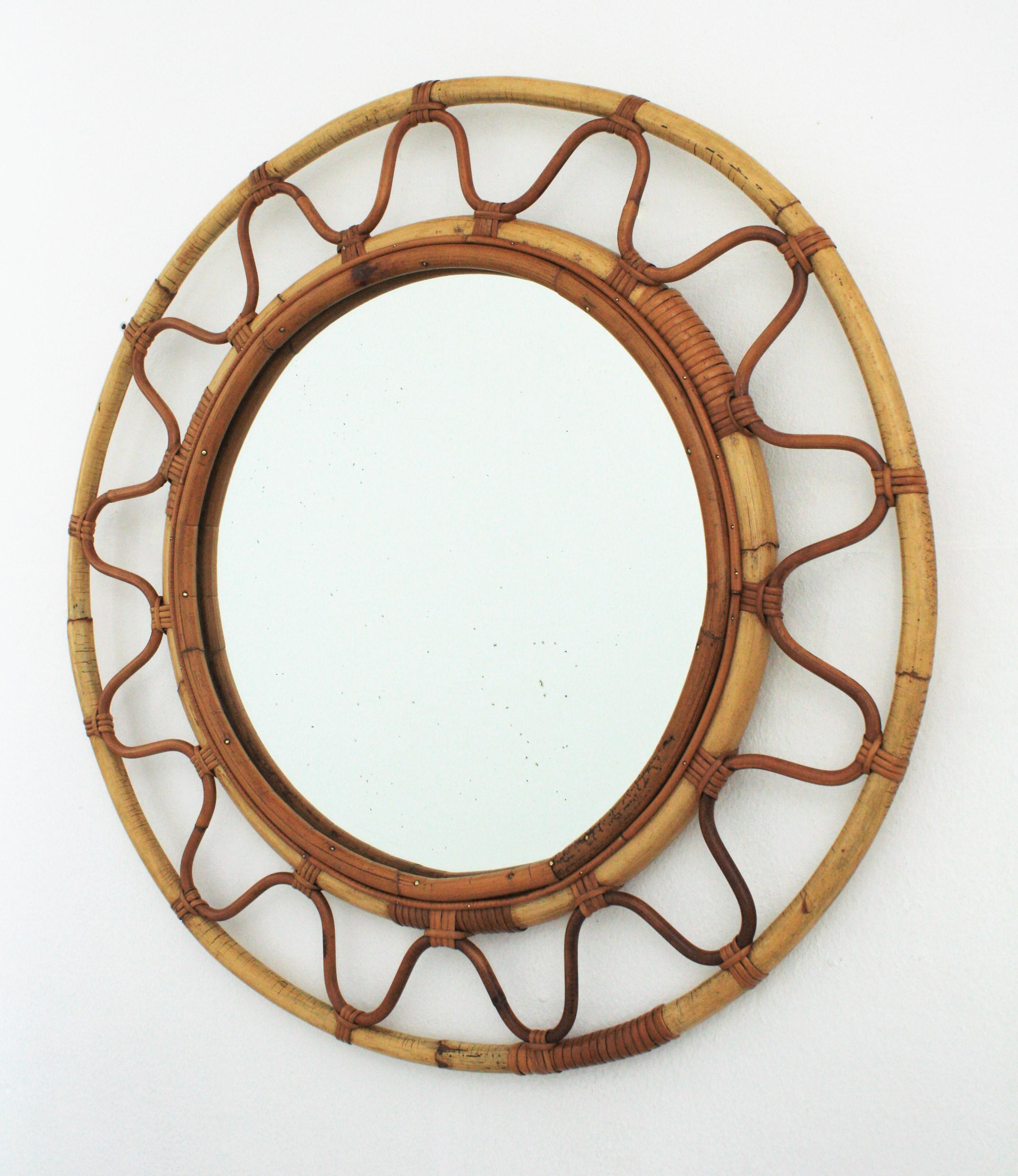 Round Bamboo and Rattan Large Wall Mirror in the Style of Franco Albini 3