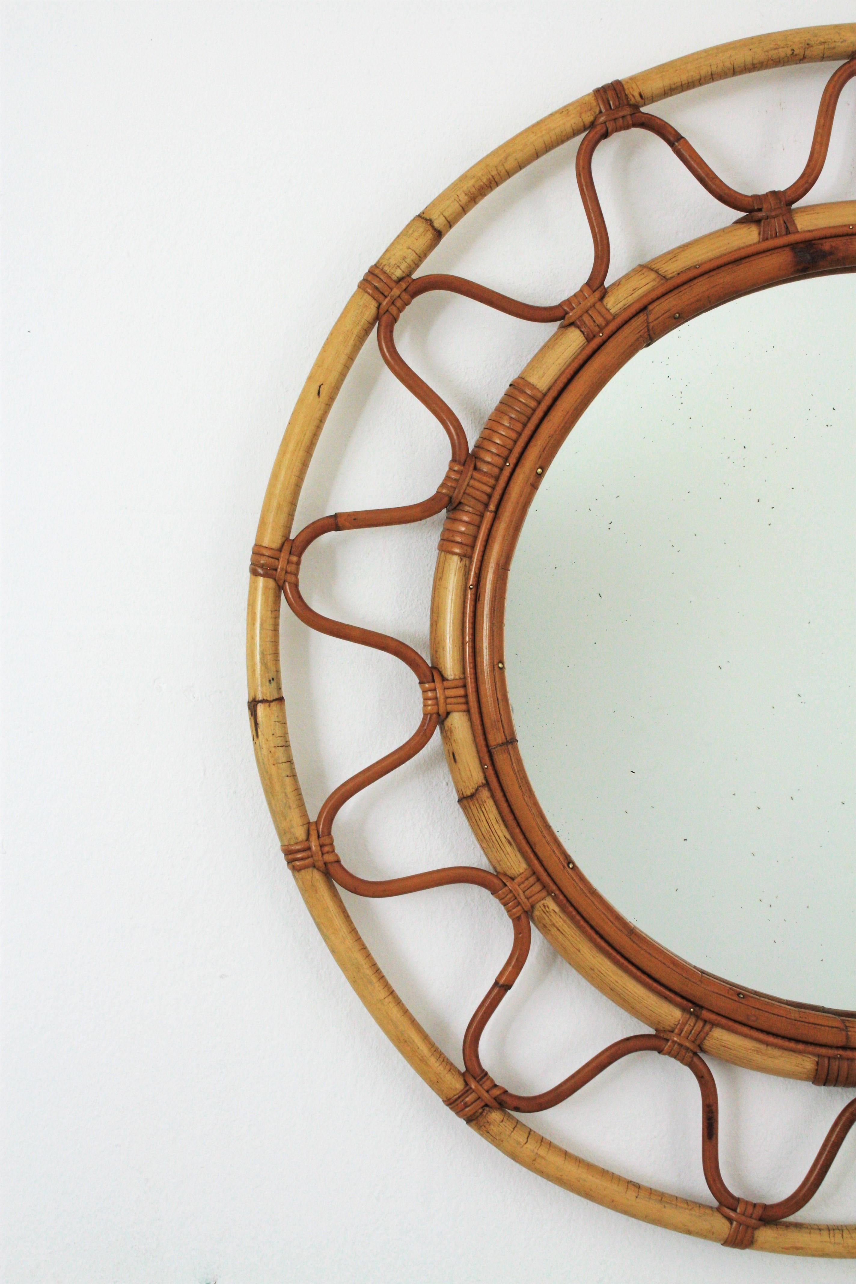 Mid-Century Modern Round Bamboo and Rattan Large Wall Mirror in the Style of Franco Albini