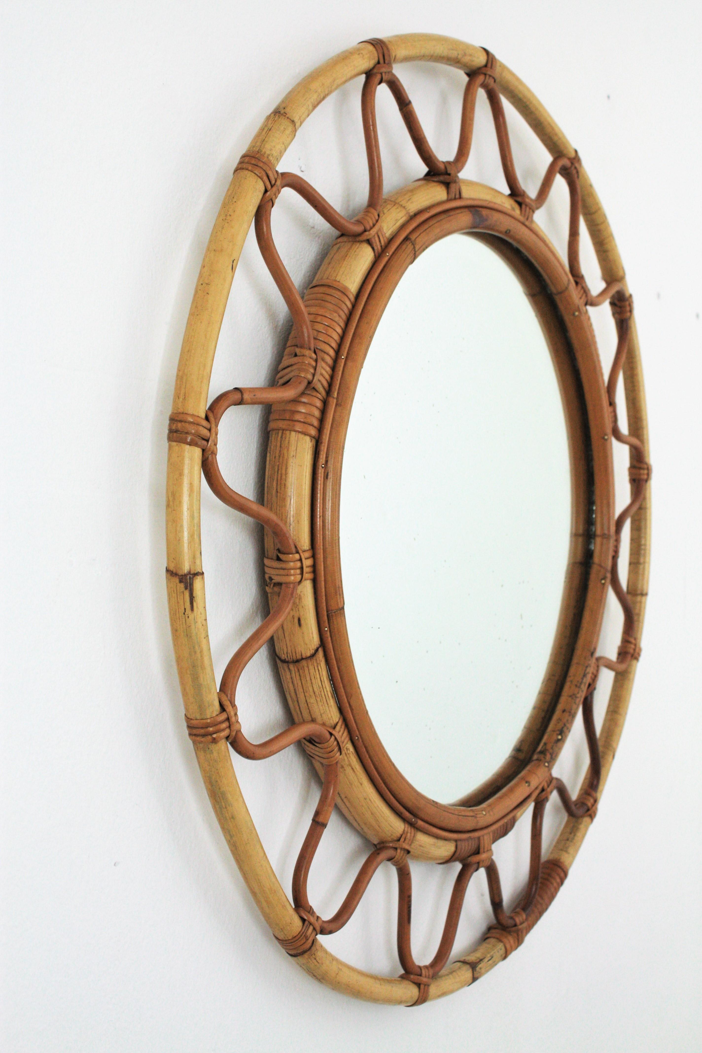 French Round Bamboo and Rattan Large Wall Mirror in the Style of Franco Albini