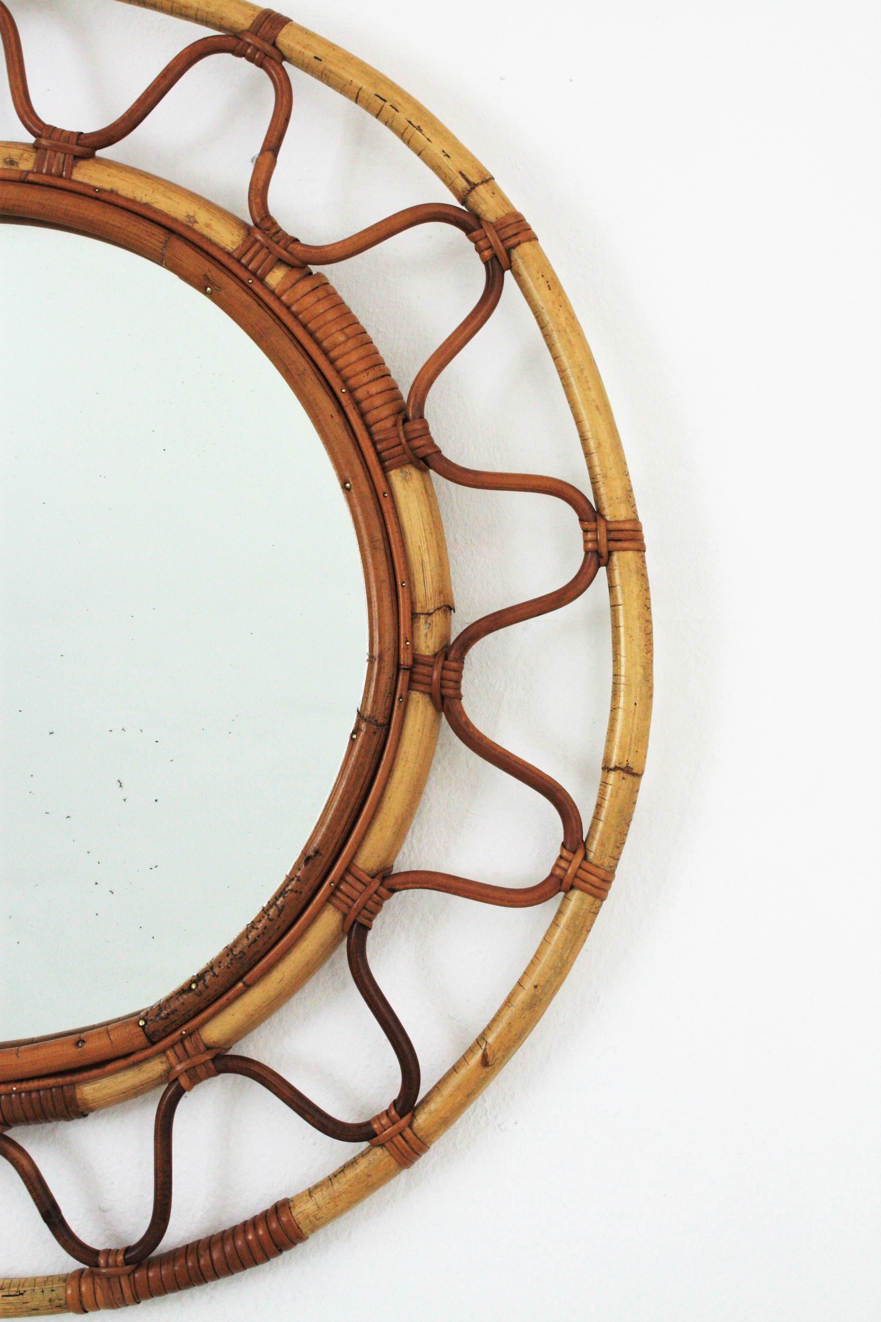 20th Century Round Bamboo and Rattan Large Wall Mirror in the Style of Franco Albini