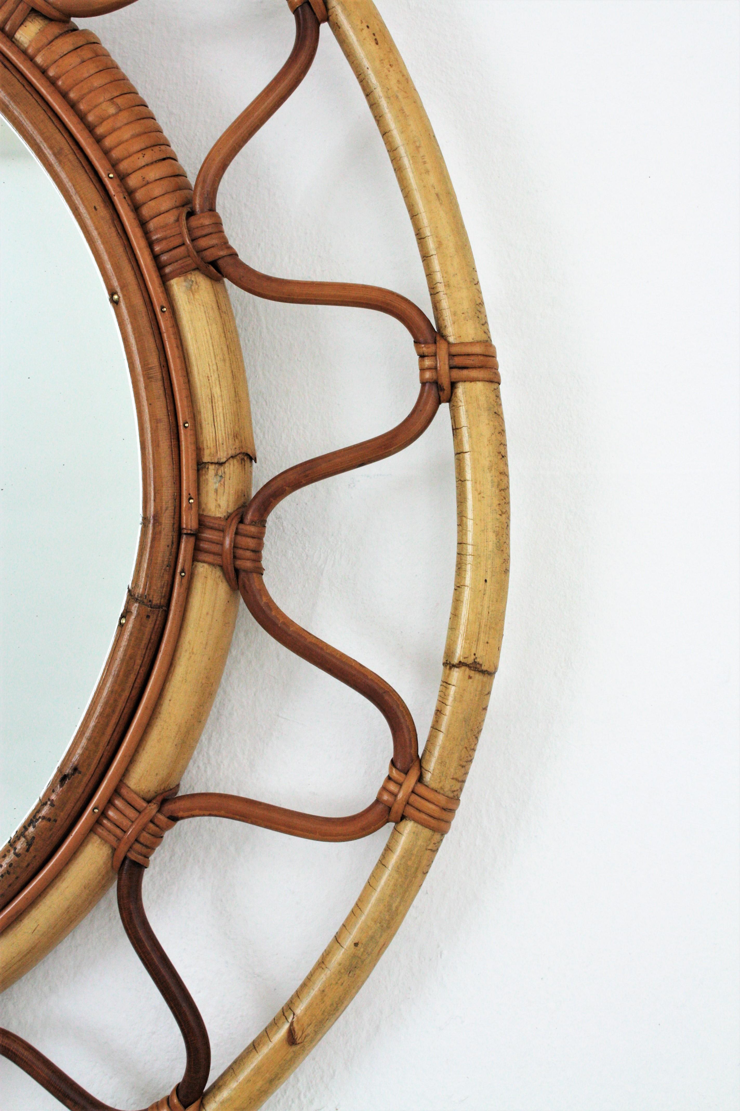 Round Bamboo and Rattan Large Wall Mirror in the Style of Franco Albini 1