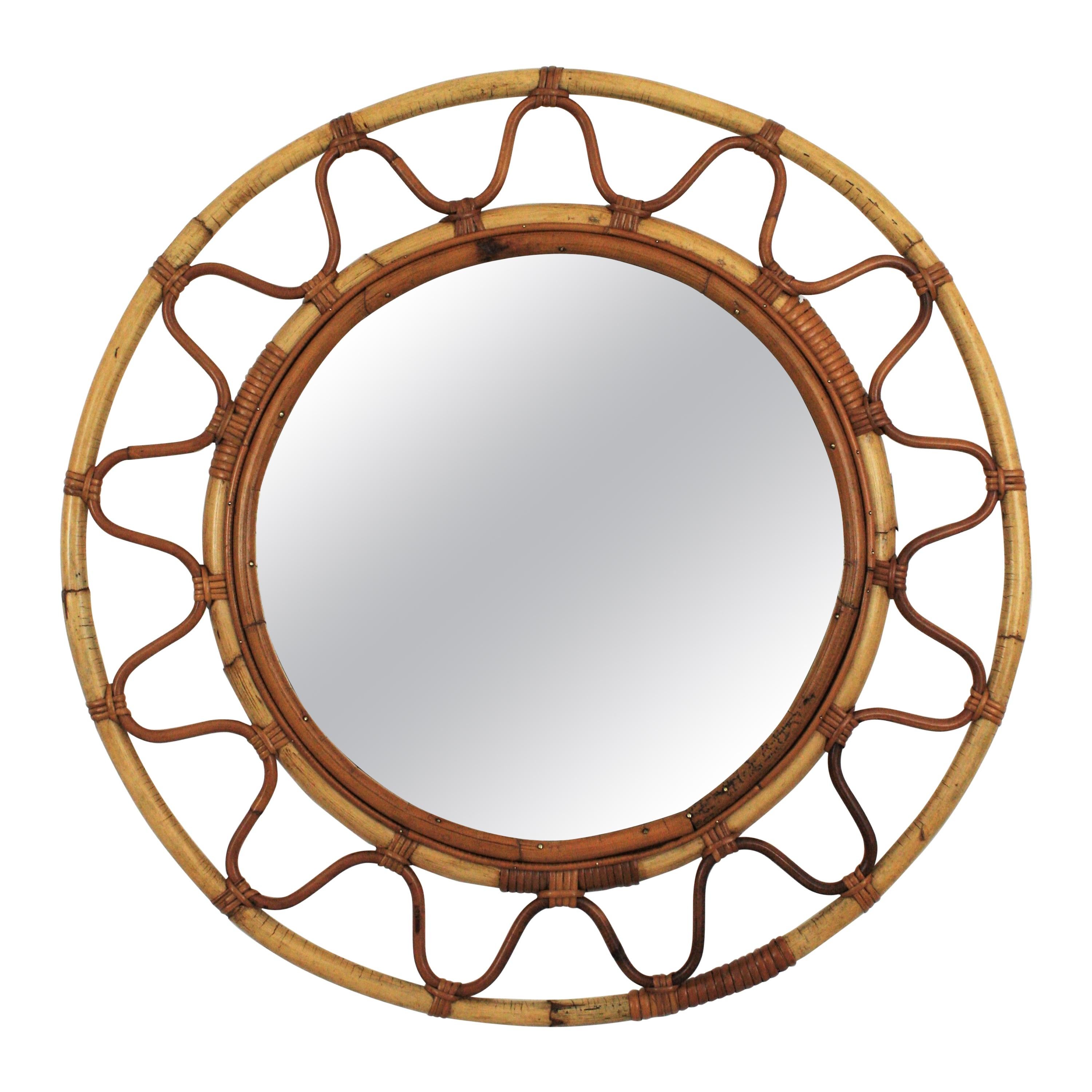 Round Bamboo and Rattan Large Wall Mirror in the Style of Franco Albini