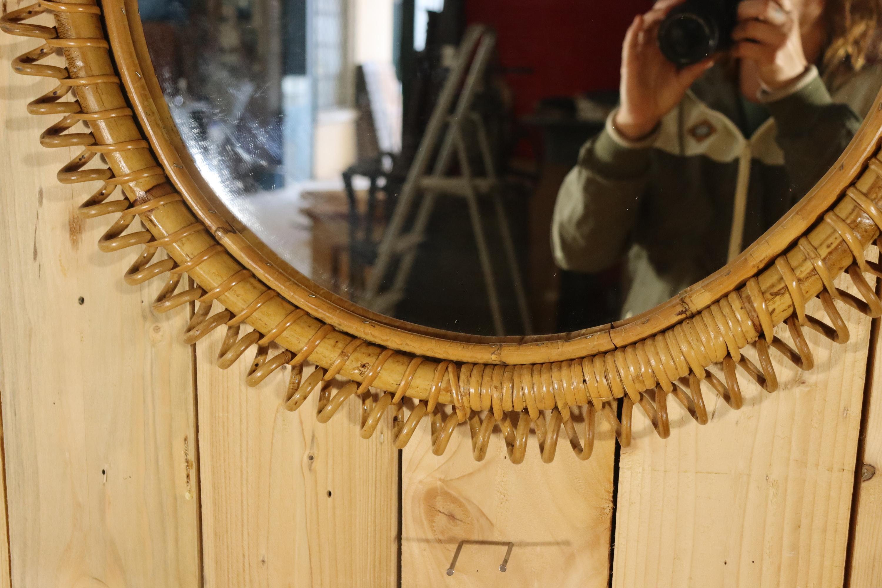 italien Round Bamboo And Rattan Mirror By Franco Albini 1960 en vente